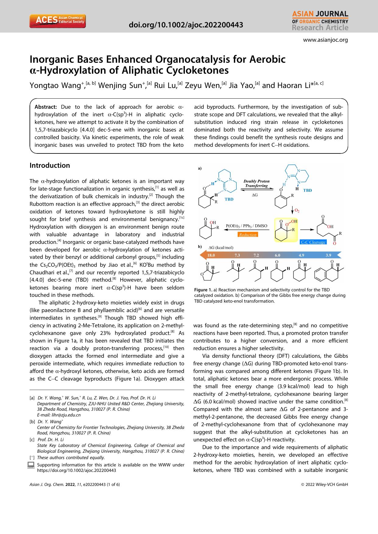 Inorganic Bases Enhanced Organocatalysis for Aerobic Î±âHydroxylation of Aliphatic Cycloketones by Unknown