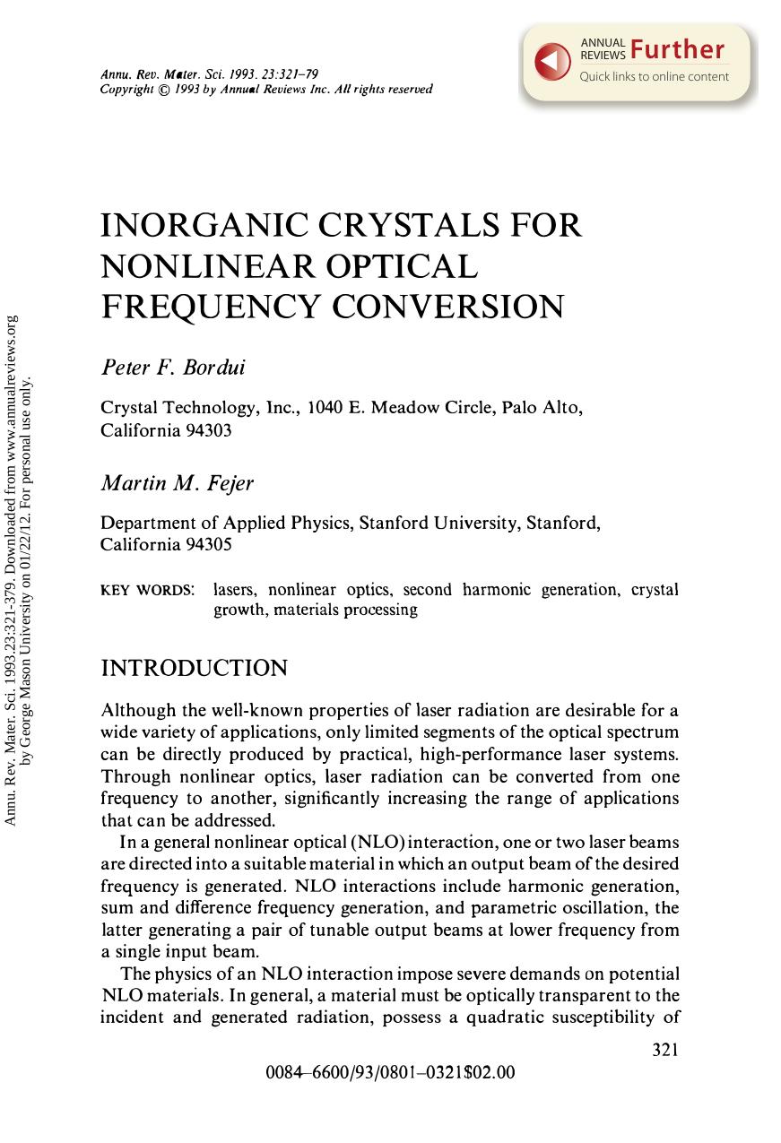 Inorganic Crystals for Nonlinear Optical Frequency Conversion by P F Bordui & M M Fejer
