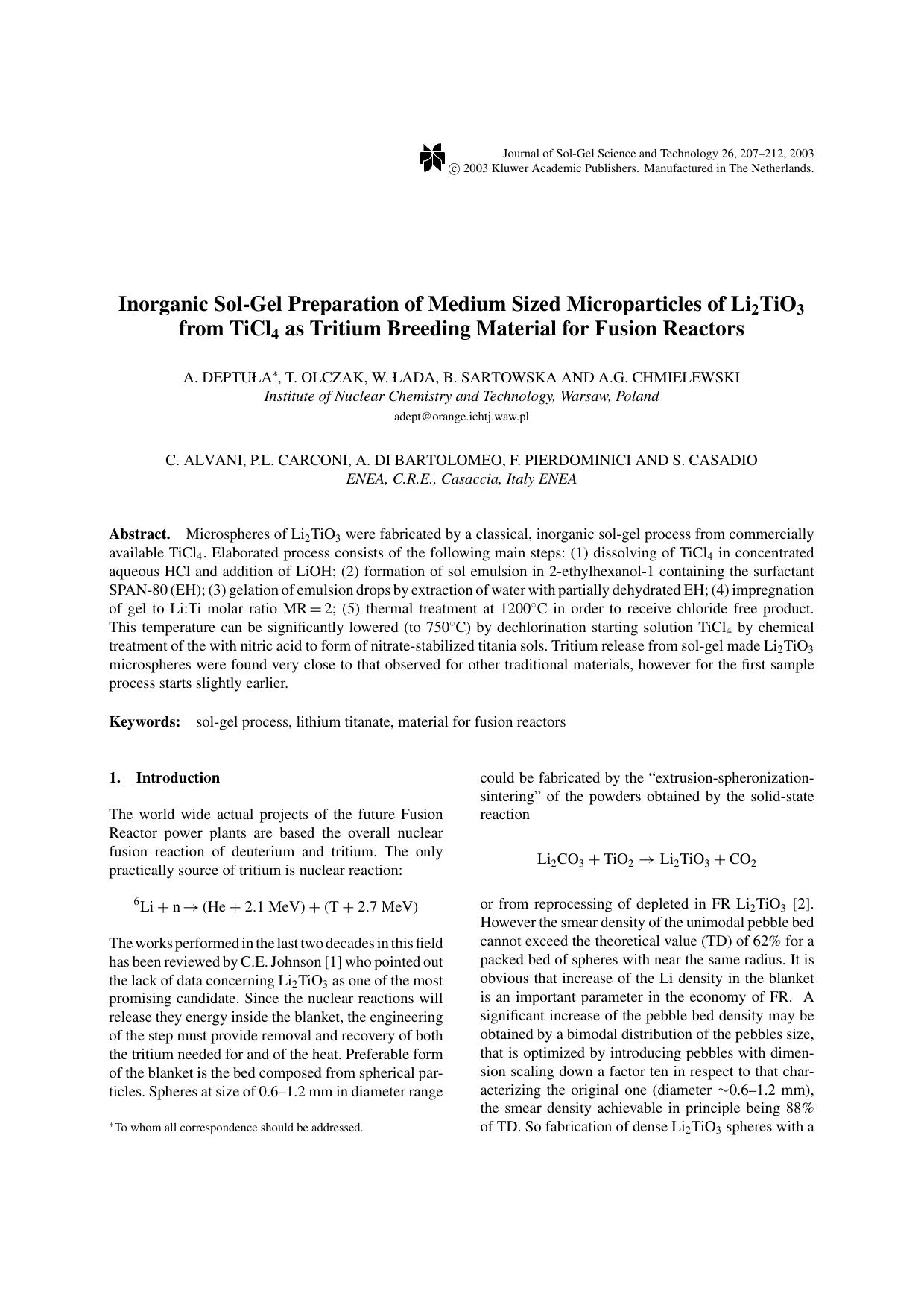 Inorganic Sol-Gel Preparation of Medium Sized Microparticles of Li<Subscript>2<Subscript>TiO<Subscript>3<Subscript> from TiCl<Subscript>4<Subscript> as Tritium Breeding Material for Fusion Reactors by Unknown