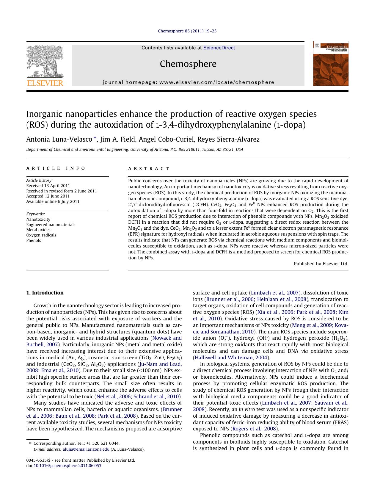 Inorganic nanoparticles enhance the production of reactive oxygen species (ROS) during the autoxidation of l-3,4-dihydroxyphenylalanine (l-dopa) by Antonia Luna-Velasco & Jim A. Field & Angel Cobo-Curiel & Reyes Sierra-Alvarez