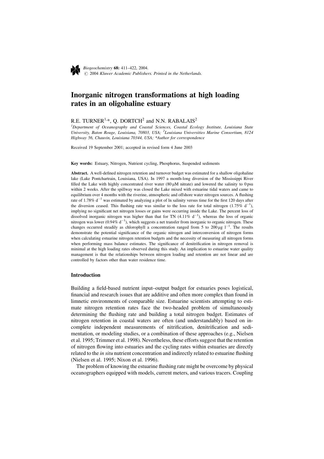 Inorganic nitrogen transformations at high loading rates in an oligohaline estuary by Unknown