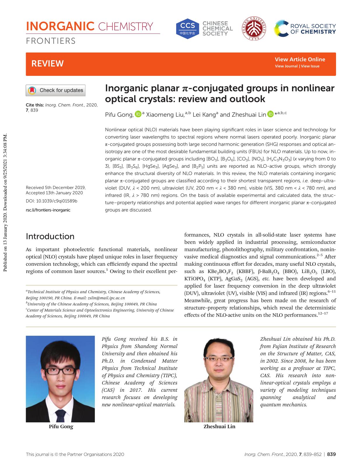 Inorganic planar Ï-conjugated groups in nonlinear optical crystals: review and outlook by Pifu Gong Xiaomeng Liu Lei Kang Zheshuai Lin