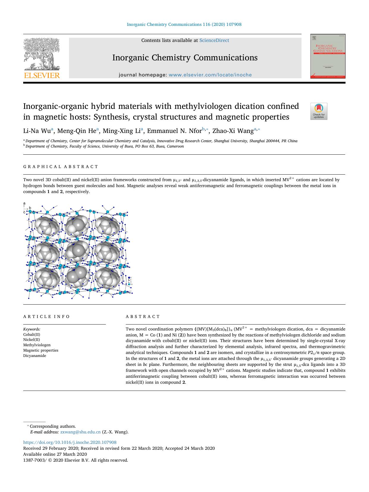 Inorganic-organic hybrid materials with methylviologen dication confined in magnetic hosts_ Synthesis, crystal structures and magnetic properties by Li-Na Wu & Meng-Qin He & Ming-Xing Li & Emmanuel N. Nfor & Zhao-Xi Wang