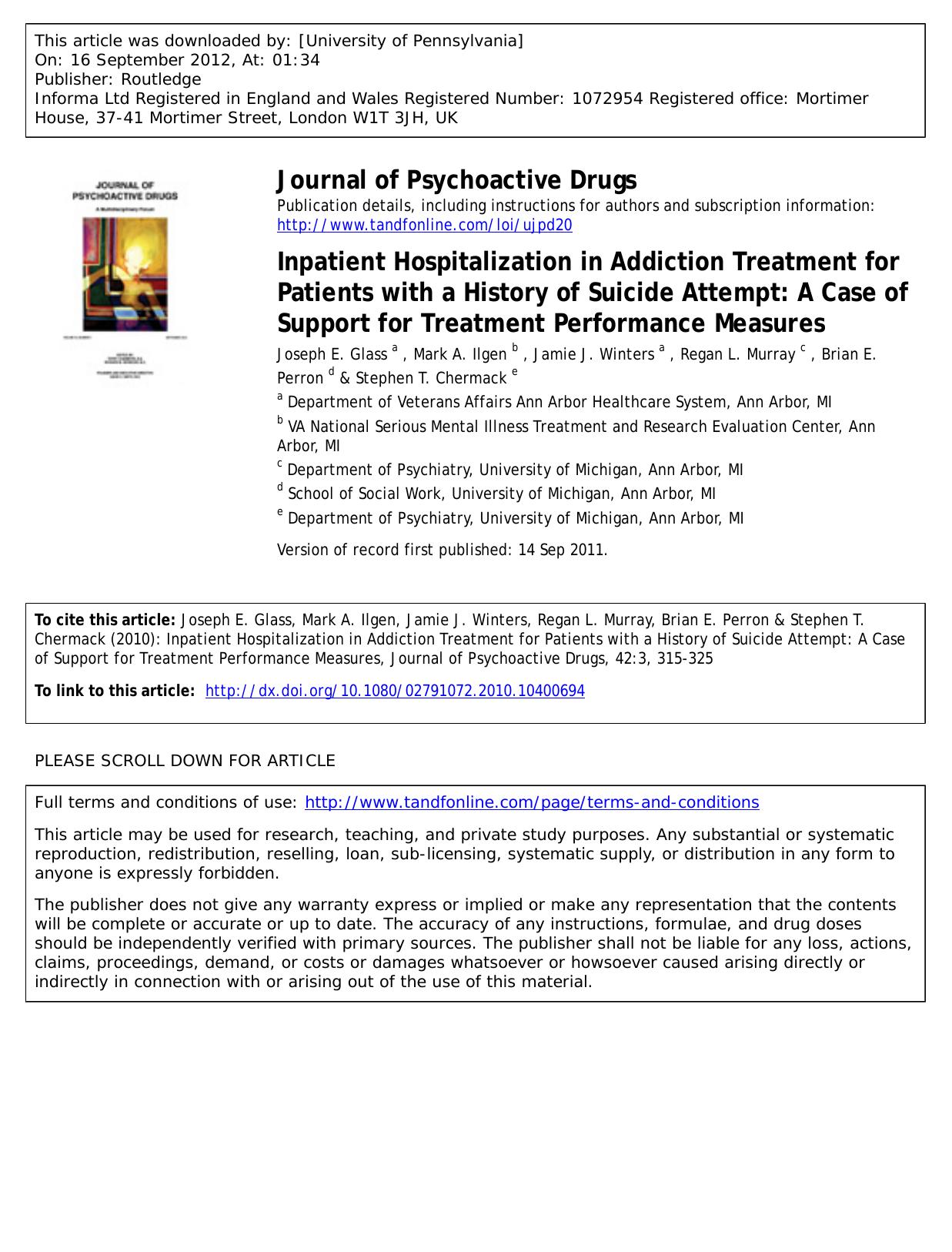 Inpatient Hospitalization in Addiction Treatment for Patients with a History of Suicide Attempt: A Case of Support for Treatment Performance Measures by unknow