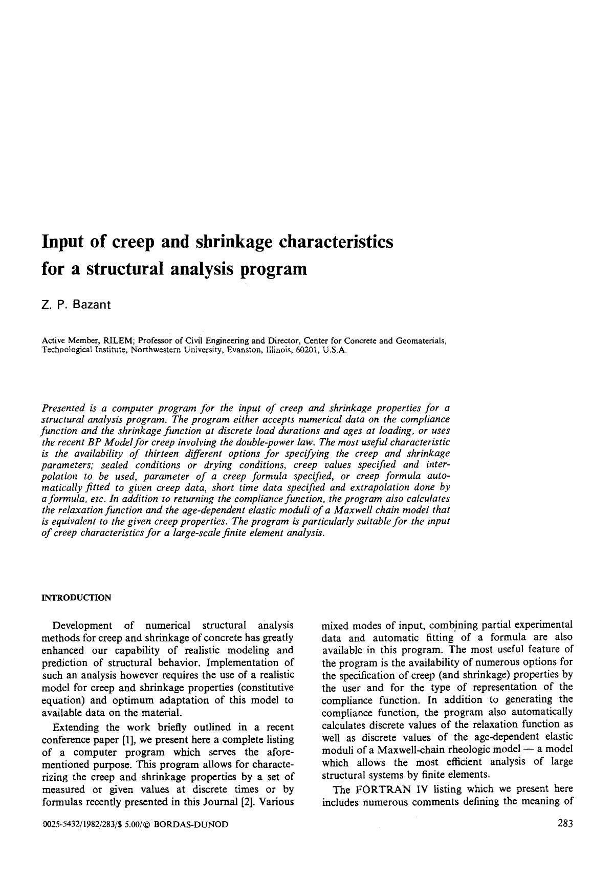 Input of creep and shrinkage characteristics for a structural analysis program by Unknown