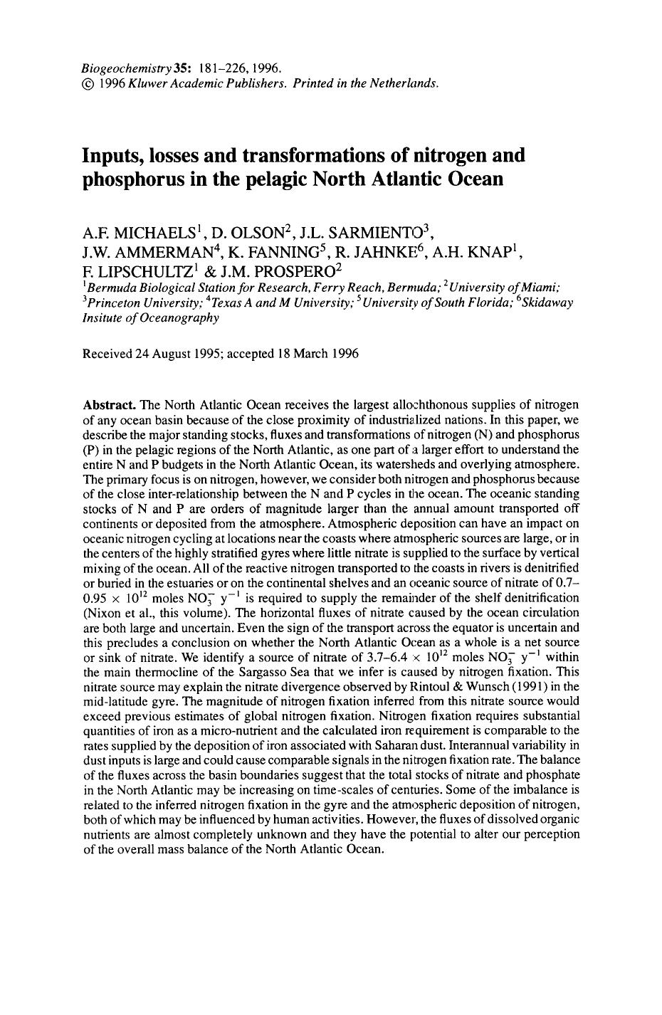 Inputs, losses and transformations of nitrogen and phosphorus in the pelagic North Atlantic Ocean by Unknown