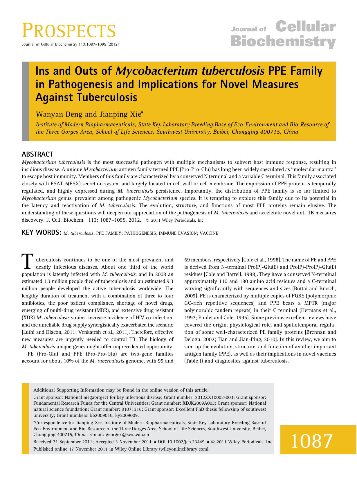Ins and outs of Mycobacterium tuberculosis PPE family in pathogenesis and implications for novel measures against tuberculosis by Unknown