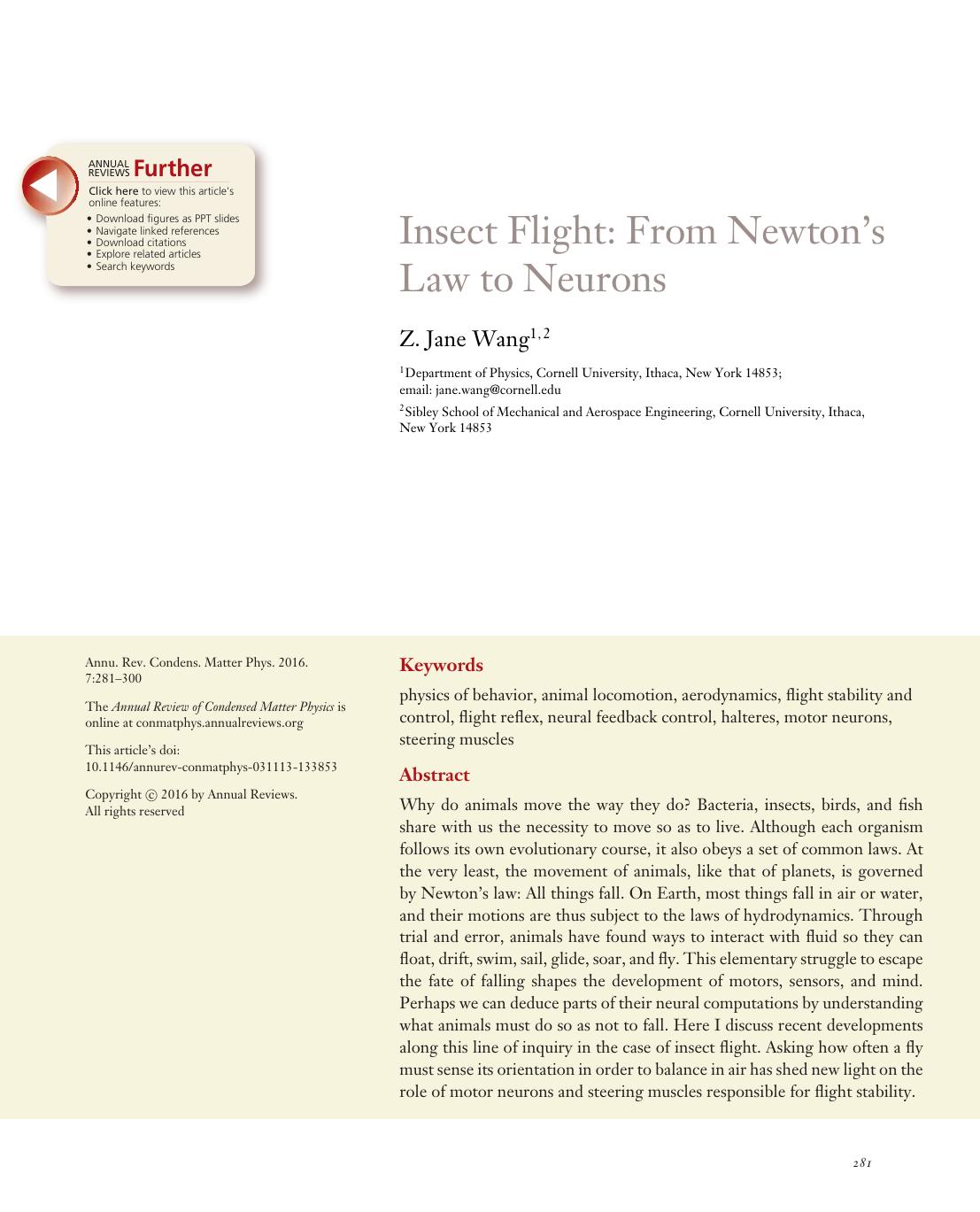 Insect Flight: From Newton's Law to Neurons by Z. Jane Wang