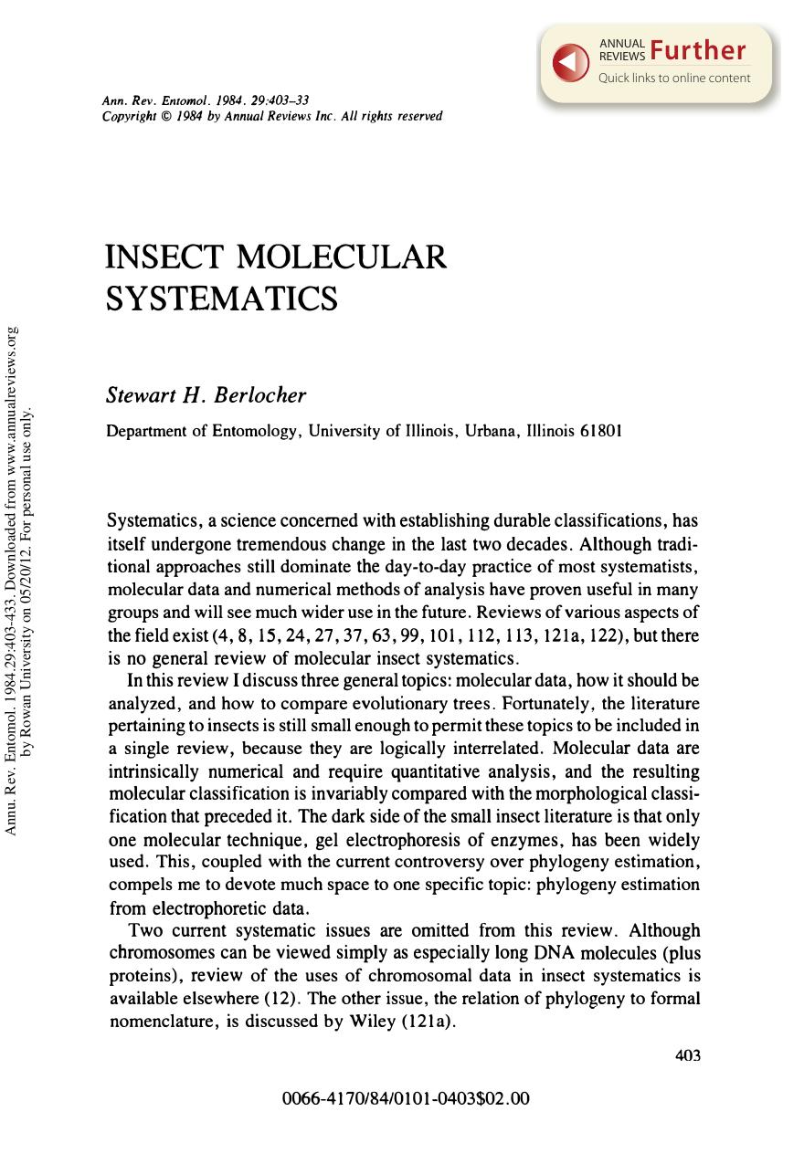 Insect Molecular Systematics by S H Berlocher
