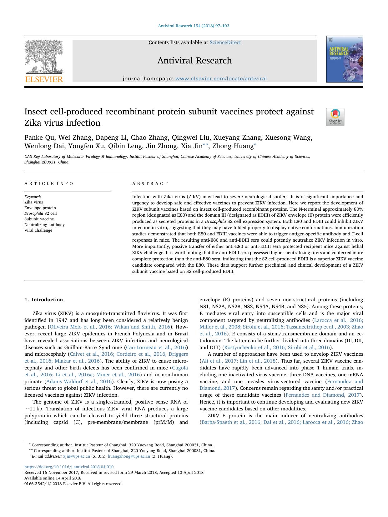 Insect cell-produced recombinant protein subunit vaccines protect against Zika virus infection by unknow