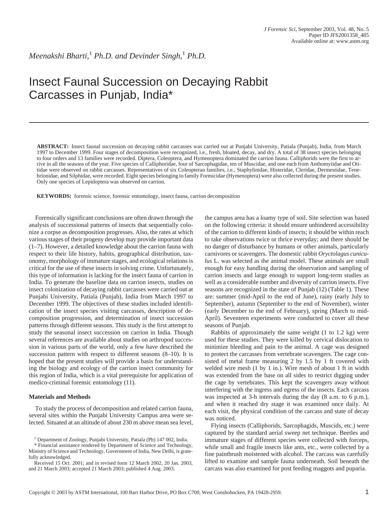 Insect faunal succession on decaying rabbit carcasses in Punjab, India by Bharti M Singh D