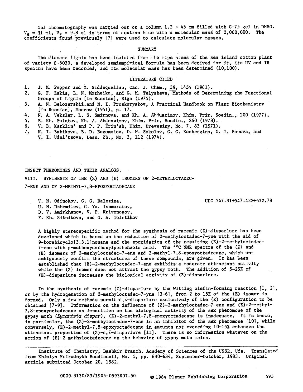 Insect pheromones and their analogs. VIII. Synthesis of the (Z) and (E) isomers of 2-methyloctadec-7-ene and of 2-methyl-7,8-epoxyoctadecane by Unknown