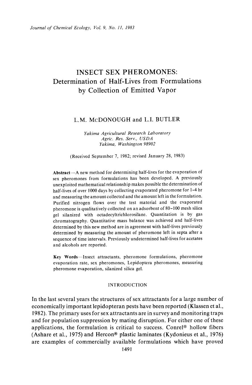 Insect sex pheromones: Determination of half-lives from formulations by collection of emitted vapor by Unknown