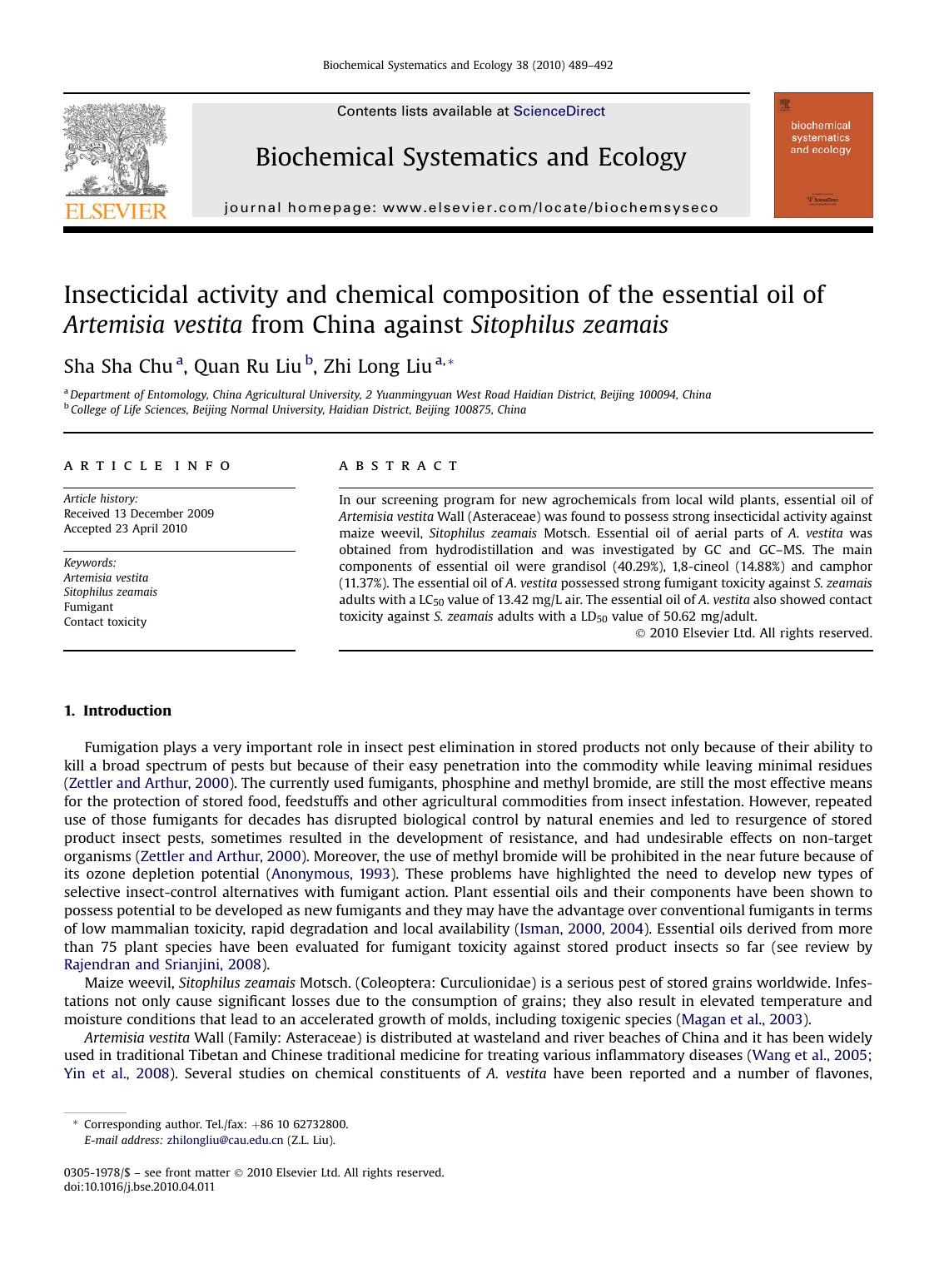 Insecticidal activity and chemical composition of the essential oil of Artemisia vestita from China against Sitophilus zeamais by Sha Sha Chu & Quan Ru Liu & Zhi Long Liu