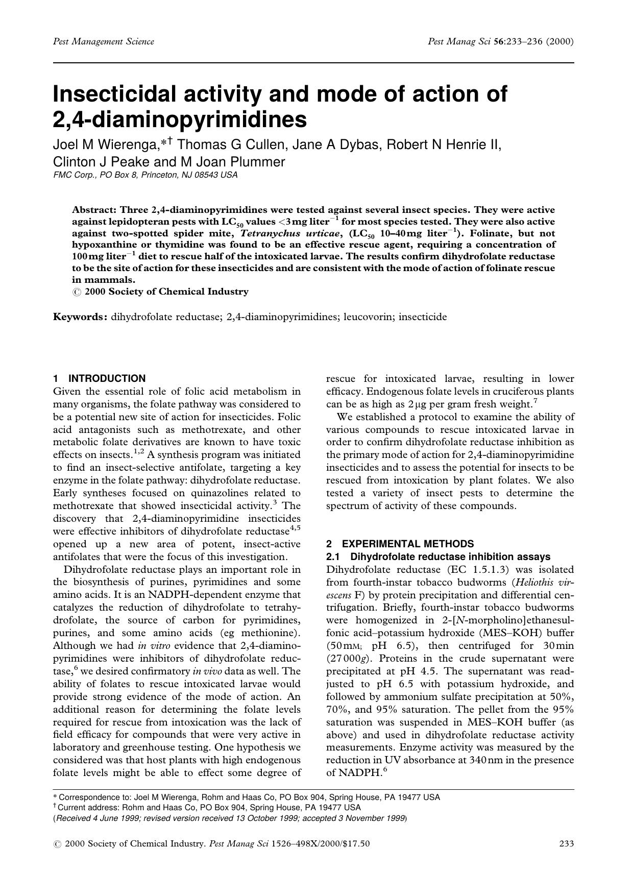 Insecticidal activity and mode of action of 2,4-diaminopyrimidines by Unknown
