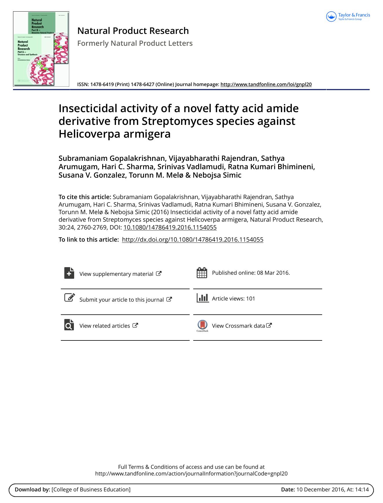 Insecticidal activity of a novel fatty acid amide derivative from Streptomyces species against Helicoverpa armigera by unknow