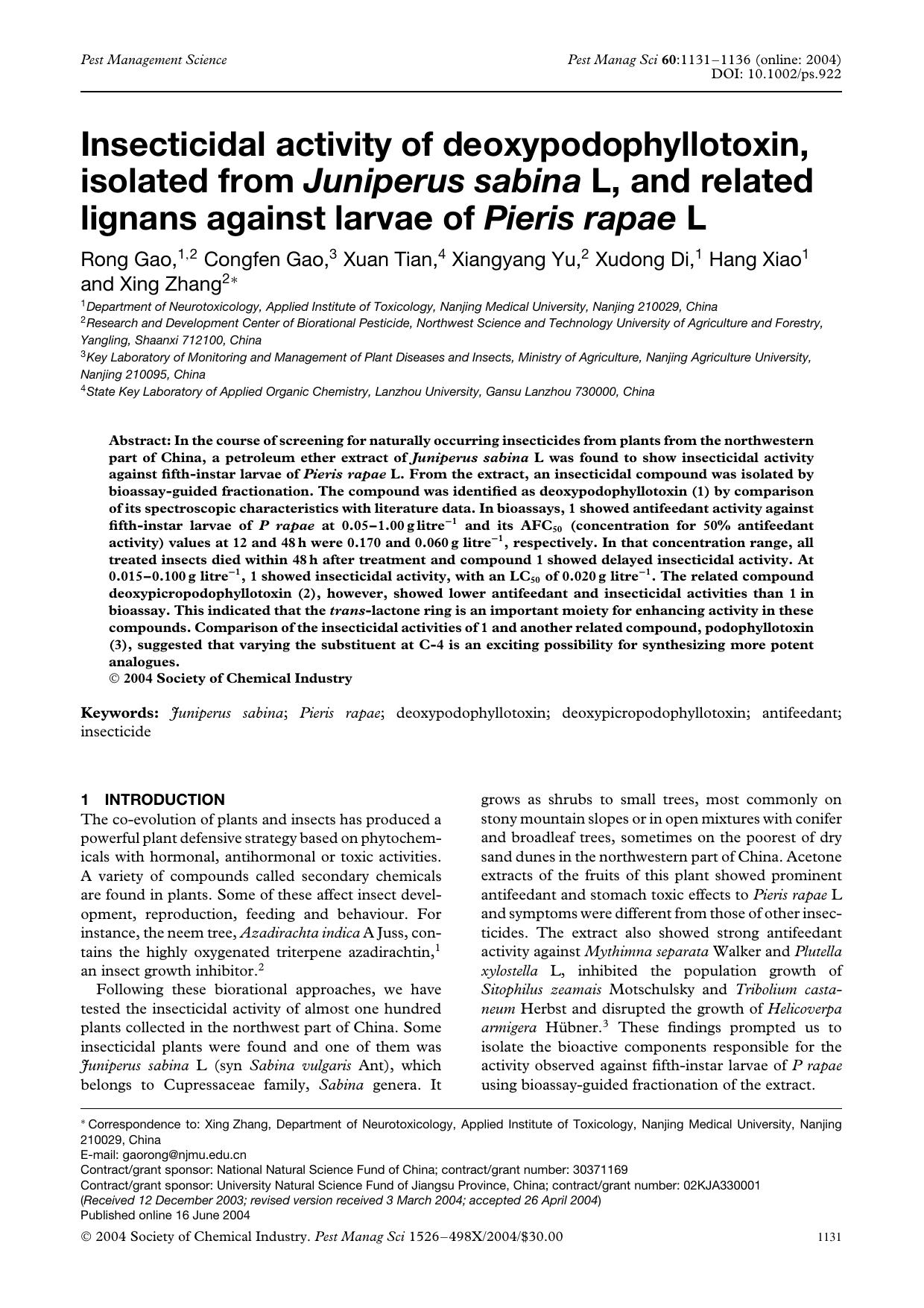 Insecticidal activity of deoxypodophyllotoxin, isolated from Juniperus sabina L, and related lignans against larvae of Pieris rapae L by Unknown