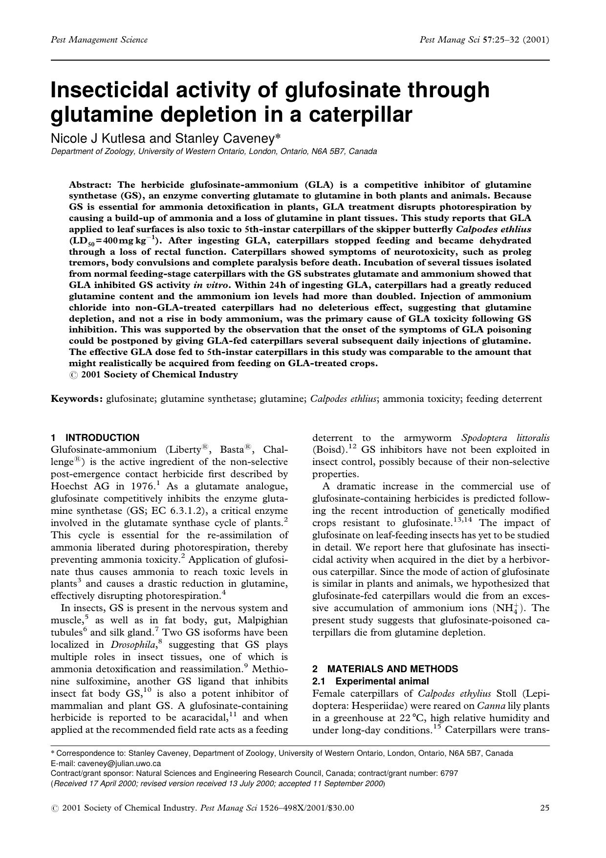 Insecticidal activity of glufosinate through glutamine depletion in a caterpillar by Unknown