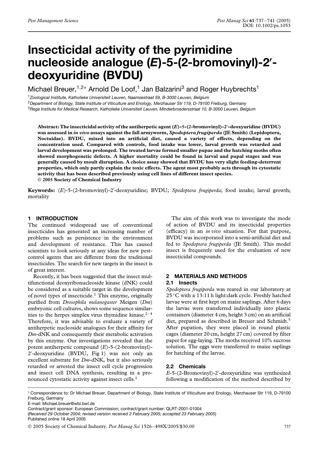 Insecticidal activity of the pyrimidine nucleoside analogue (E)-5-(2-bromovinyl)-2[prime]-deoxyuridine (BVDU) by Unknown