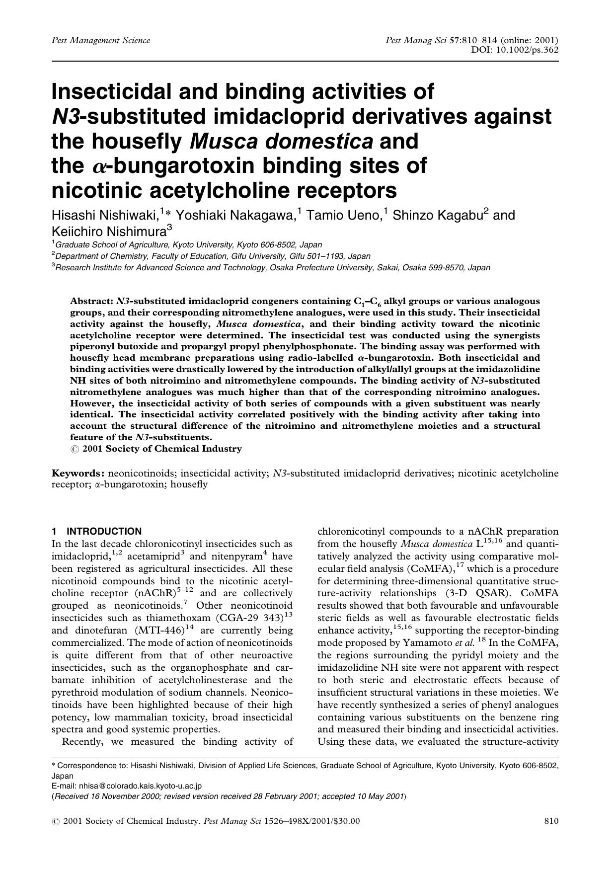 Insecticidal and binding activities of N3-substituted imidacloprid derivatives against the housefly Musca domestica and the [alpha]-bungarotoxin binding sites of nicotinic acetylcholine receptors by Unknown