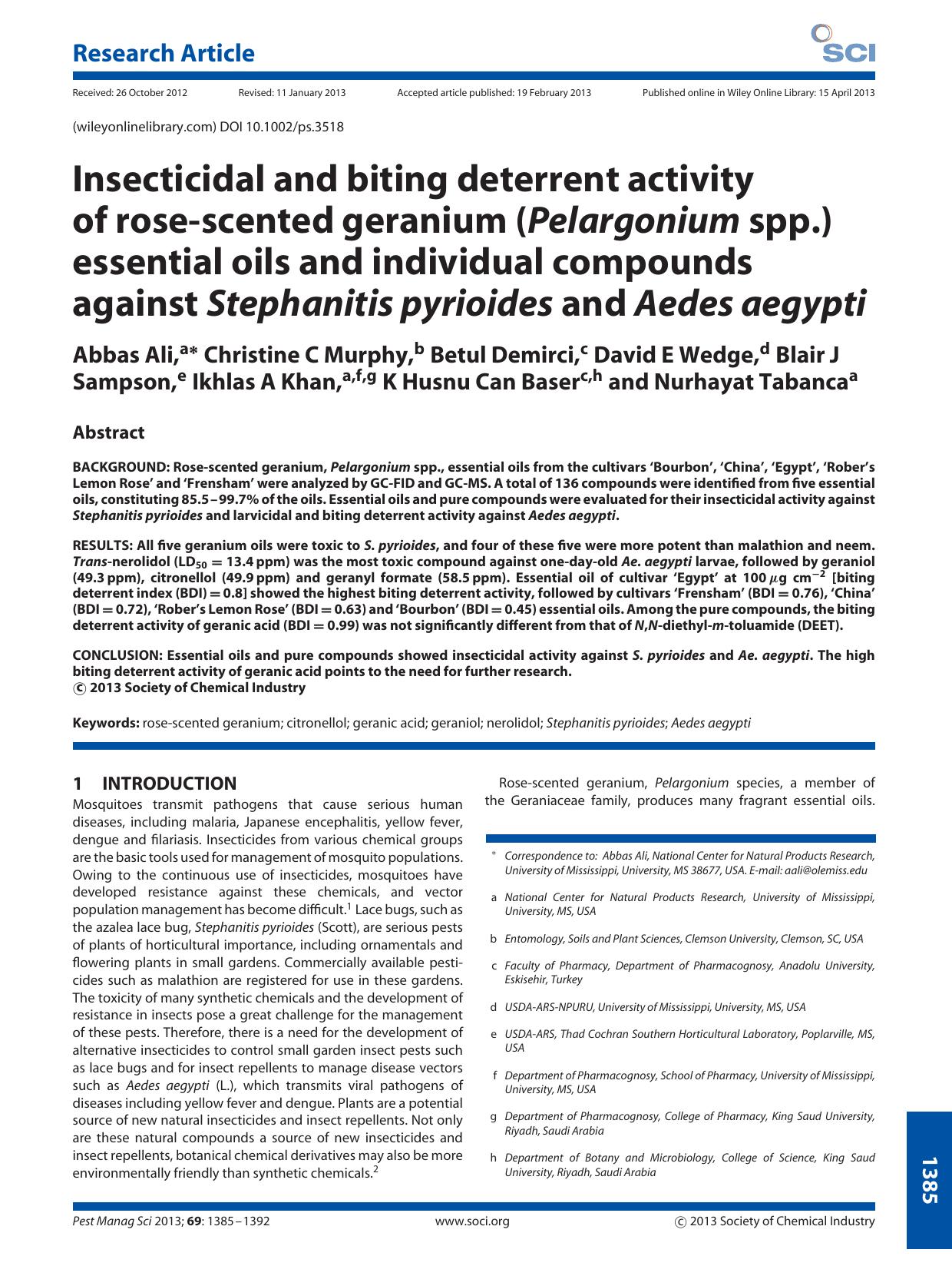 Insecticidal and biting deterrent activity of rosescented geranium (Pelargonium spp.) essential oils and individual compounds against Stephanitis pyrioides and Aedes aegypti by Unknown