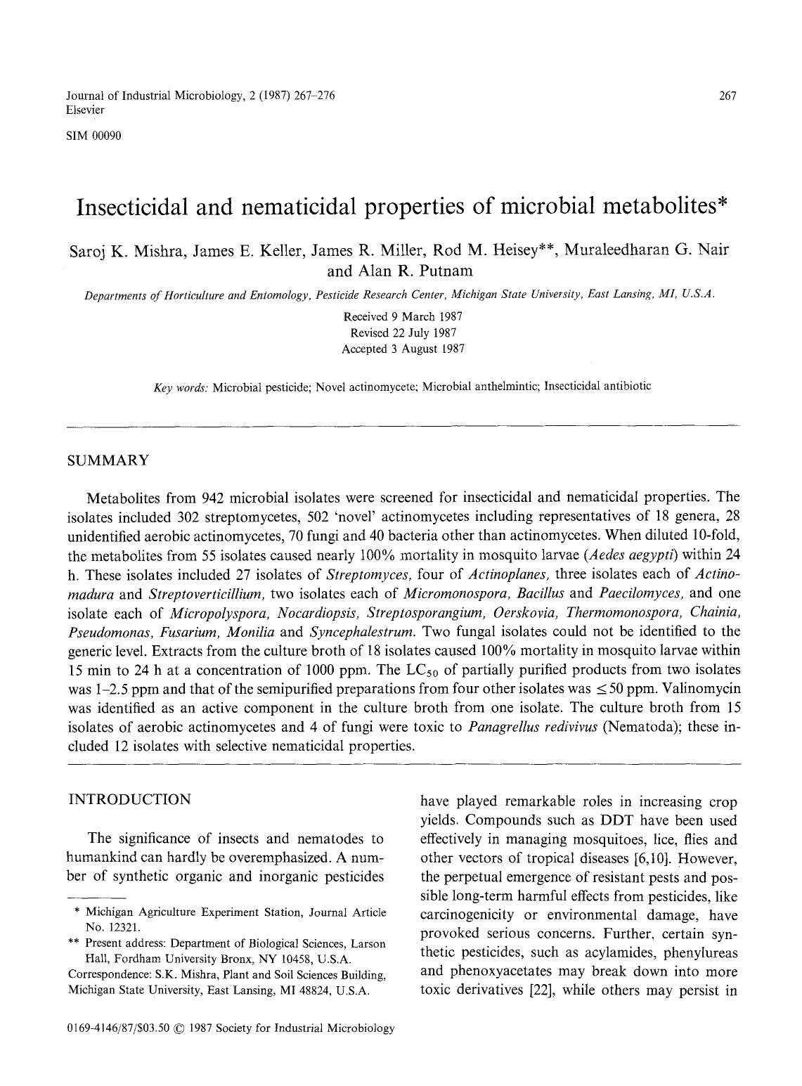 Insecticidal and nematicidal properties of microbial metabolites by Unknown