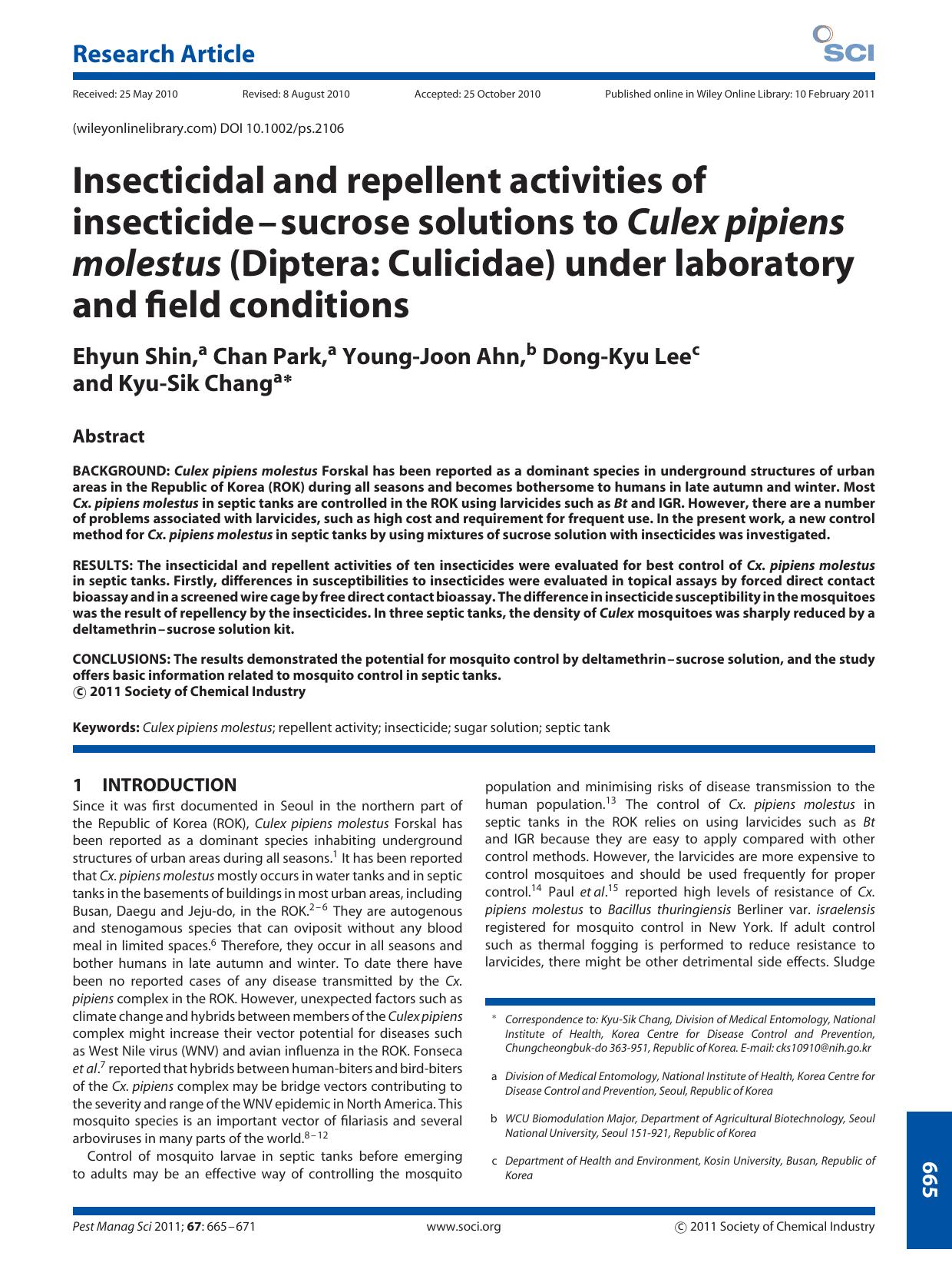 Insecticidal and repellent activities of insecticidesucrose solutions to Culex pipiens molestus (Diptera: Culicidae) under laboratory and field conditions by Unknown