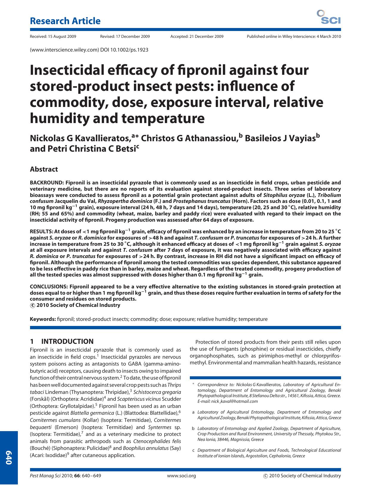 Insecticidal efficacy of fipronil against four stored?product insect pests: influence of commodity, dose, exposure interval, relative humidity and temperature by Unknown