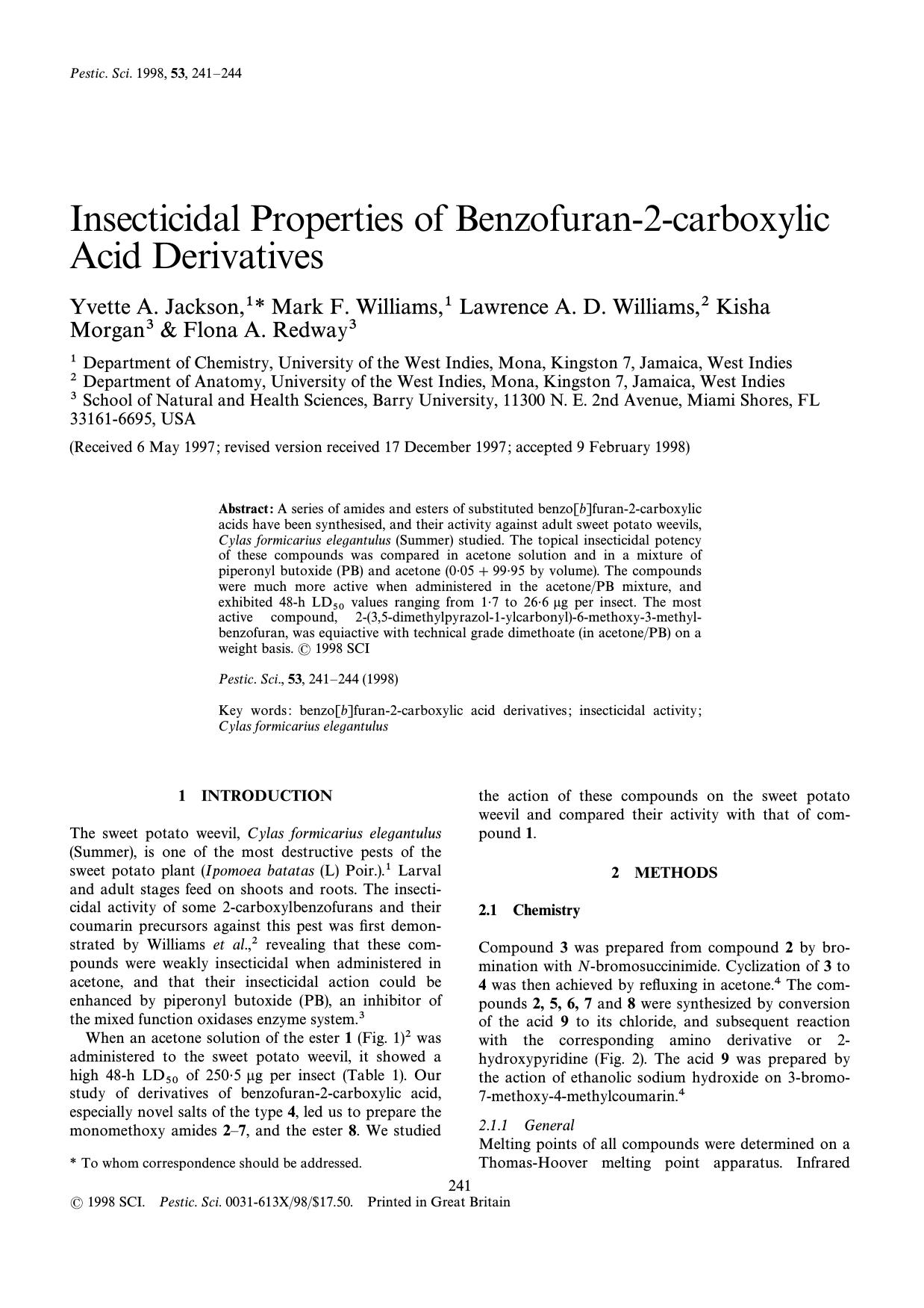 Insecticidal properties of benzofuran2carboxylic acid derivatives by Jackson Williams Williams Morgan Redway