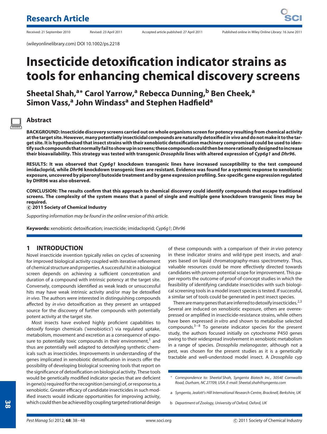 Insecticide detoxification indicator strains as tools for enhancing chemical discovery screens by Unknown