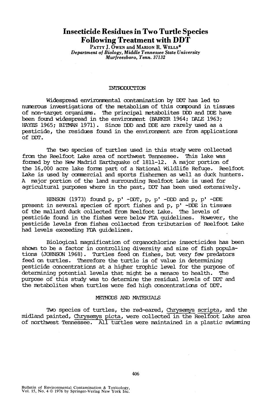 Insecticide residues in two turtle species following treatment with DDT by Unknown