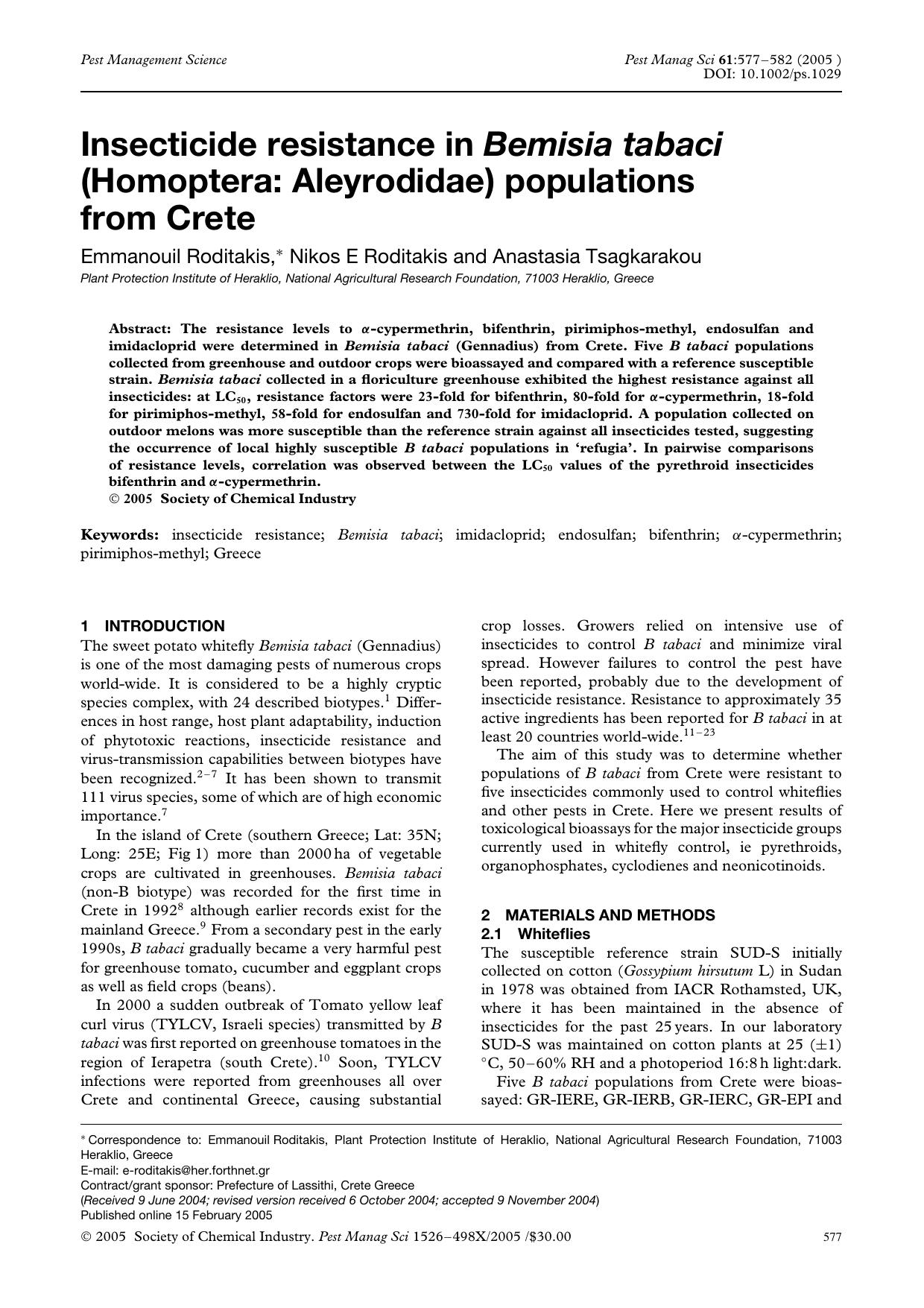 Insecticide resistance in Bemisia tabaci (Homoptera: Aleyrodidae) populations from Crete by Unknown