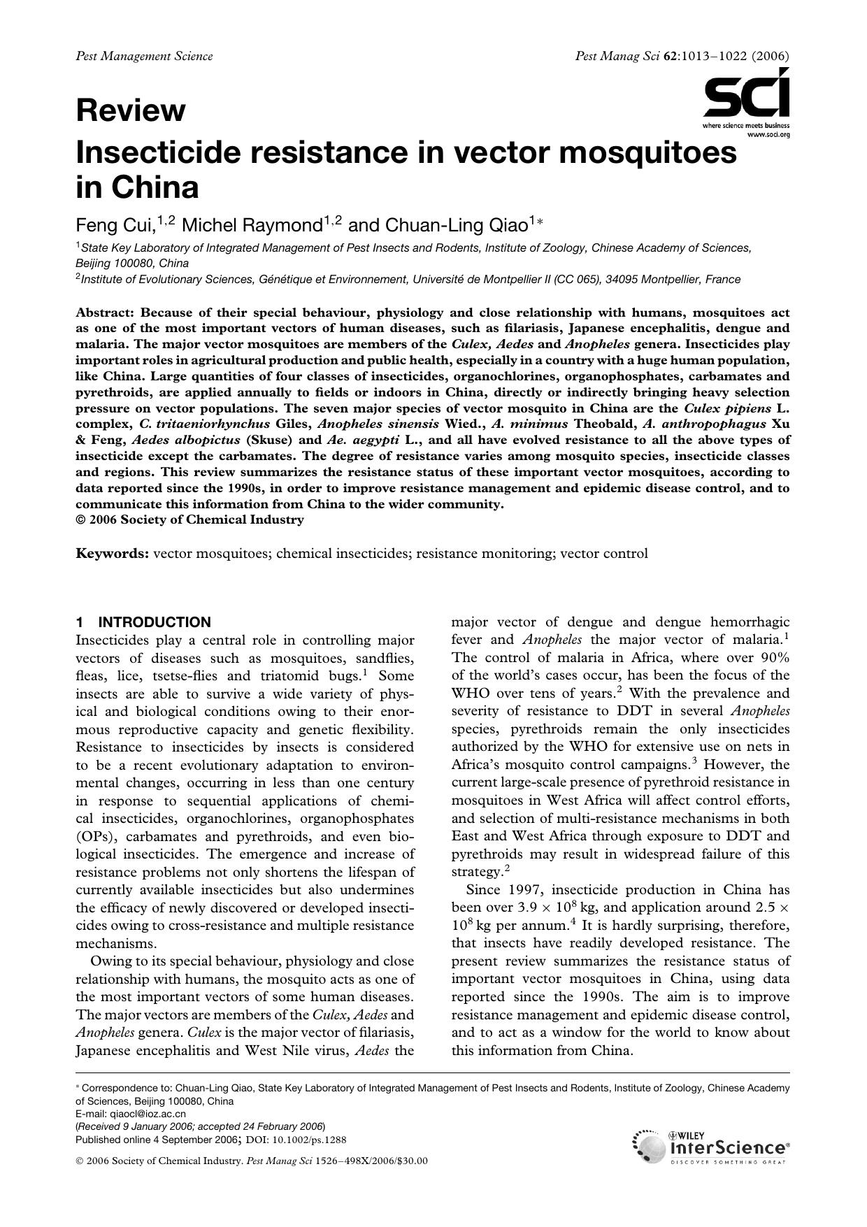 Insecticide resistance in vector mosquitoes in China by Unknown
