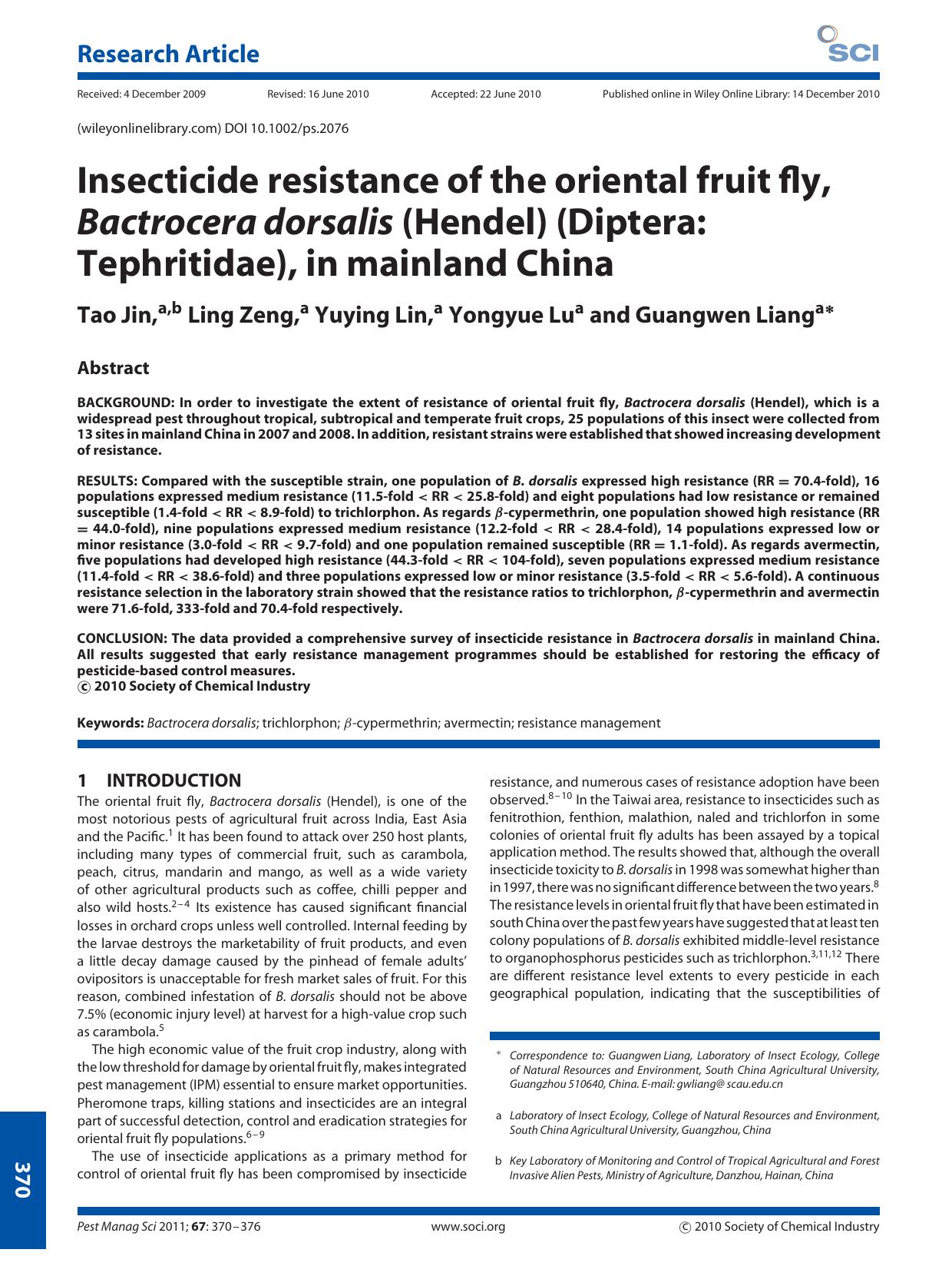 Insecticide resistance of the oriental fruit fly, Bactrocera dorsalis (Hendel) (Diptera: Tephritidae), in mainland China by Unknown