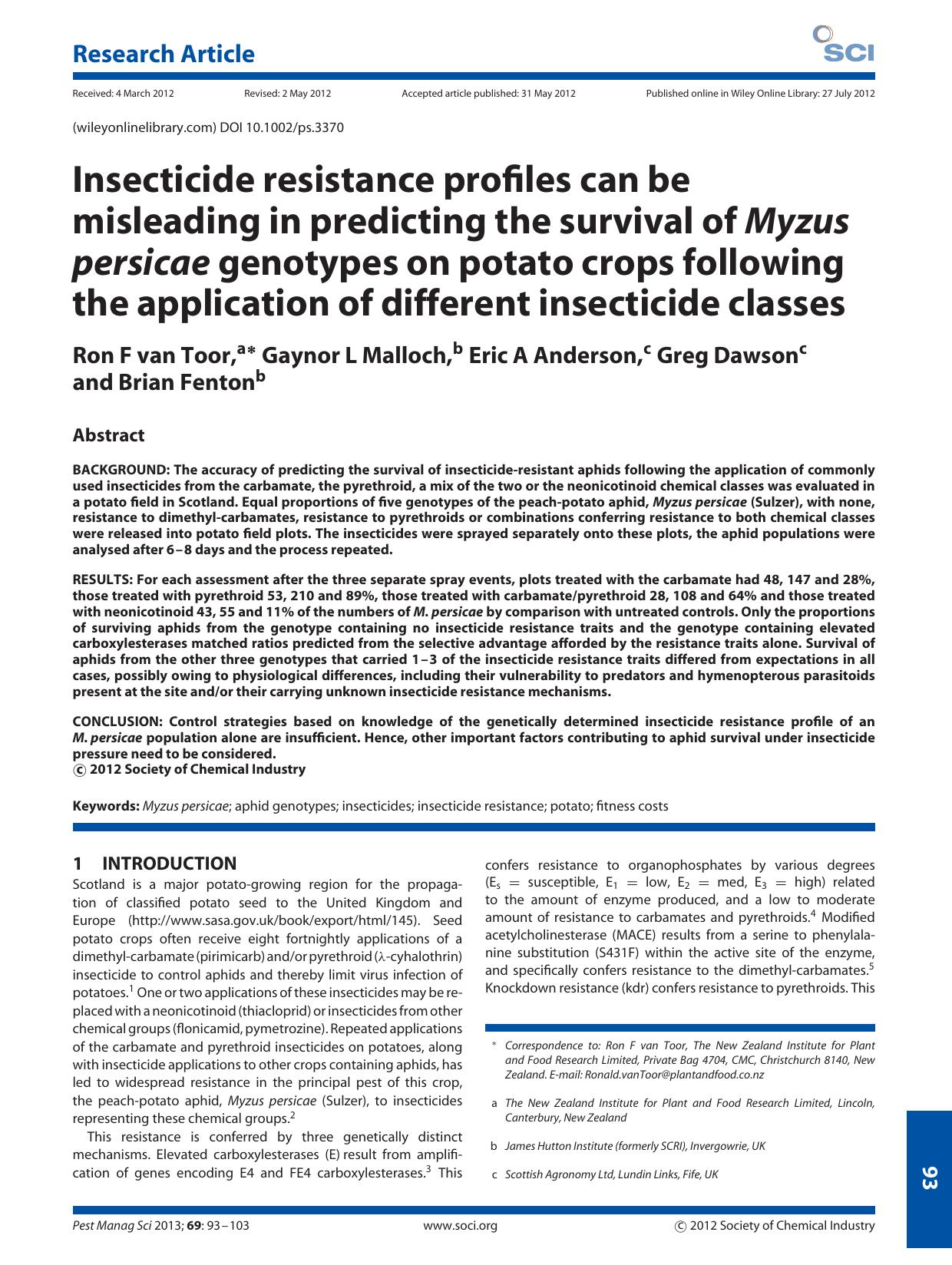Insecticide resistance profiles can be misleading in predicting the survival of Myzus persicae genotypes on potato crops following the application of different insecticide classes by Unknown