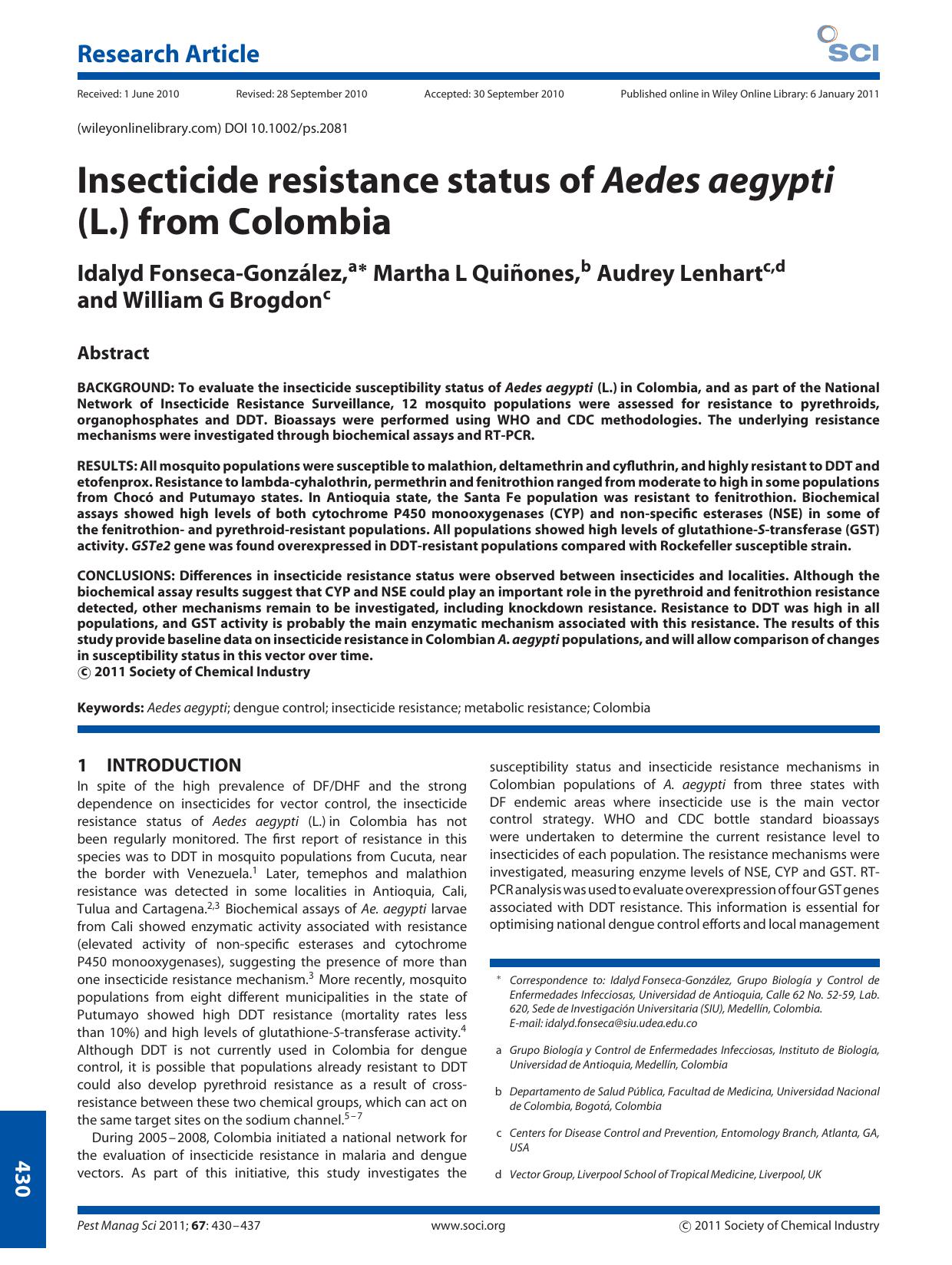 Insecticide resistance status of Aedes aegypti (L.) from Colombia by Unknown