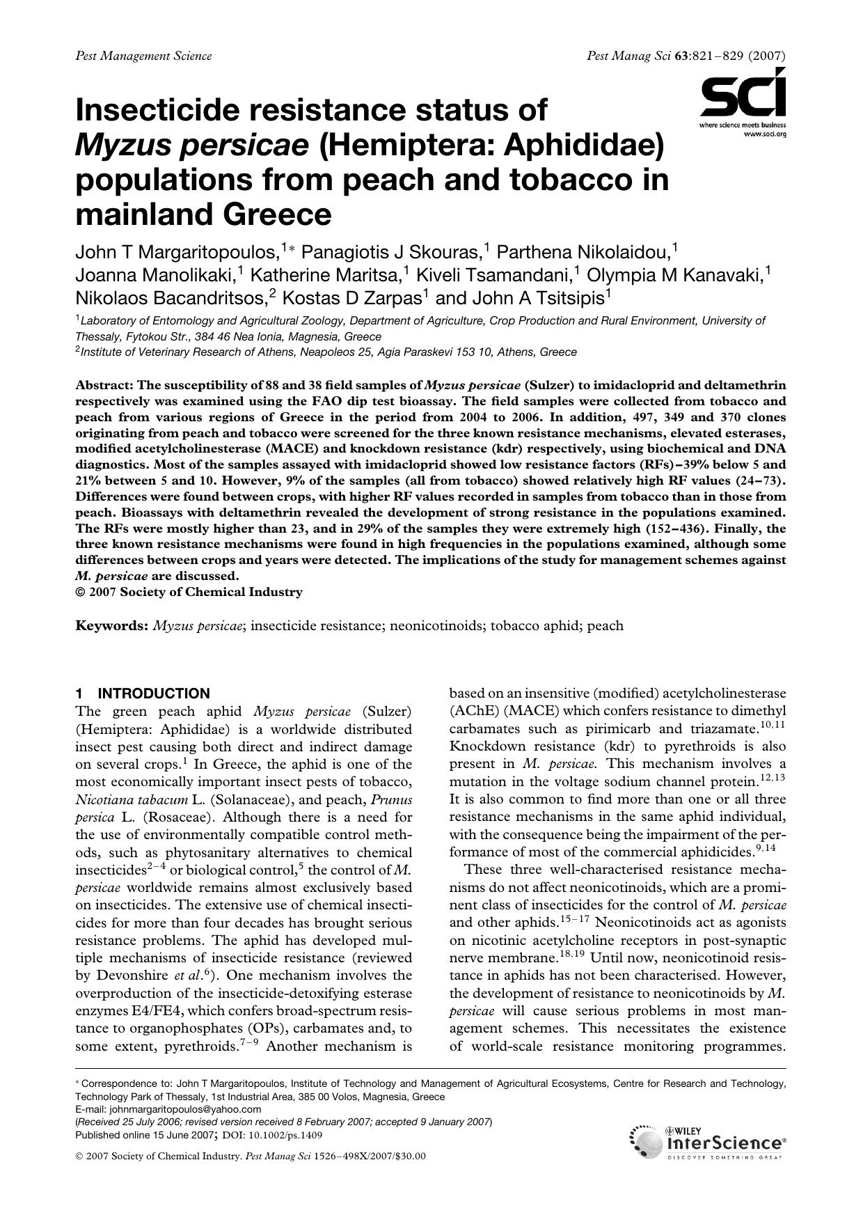 Insecticide resistance status of Myzus persicae (Hemiptera: Aphididae) populations from peach and tobacco in mainland Greece by Unknown