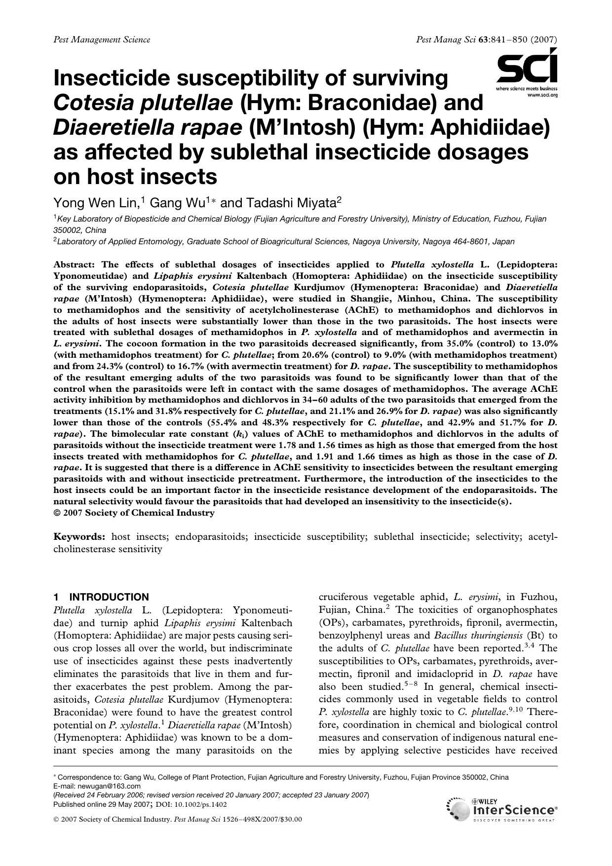 Insecticide susceptibility of surviving Cotesia plutellae (Hym: Braconidae) and Diaeretiella rapae (M'Intosh) (Hym: Aphidiidae) as affected by sublethal insecticide dosages on host insects by Unknown