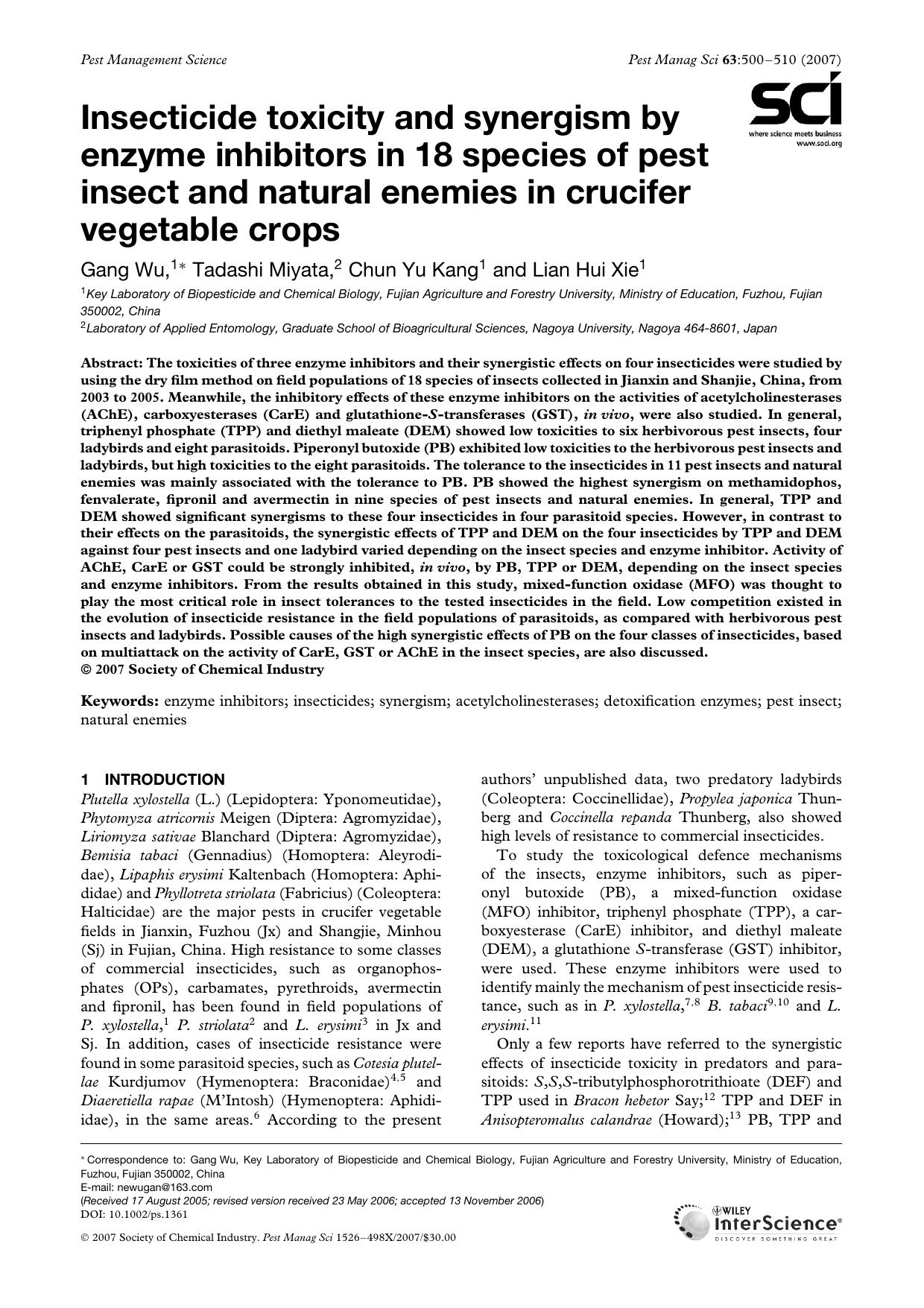 Insecticide toxicity and synergism by enzyme inhibitors in 18 species of pest insect and natural enemies in crucifer vegetable crops by Unknown