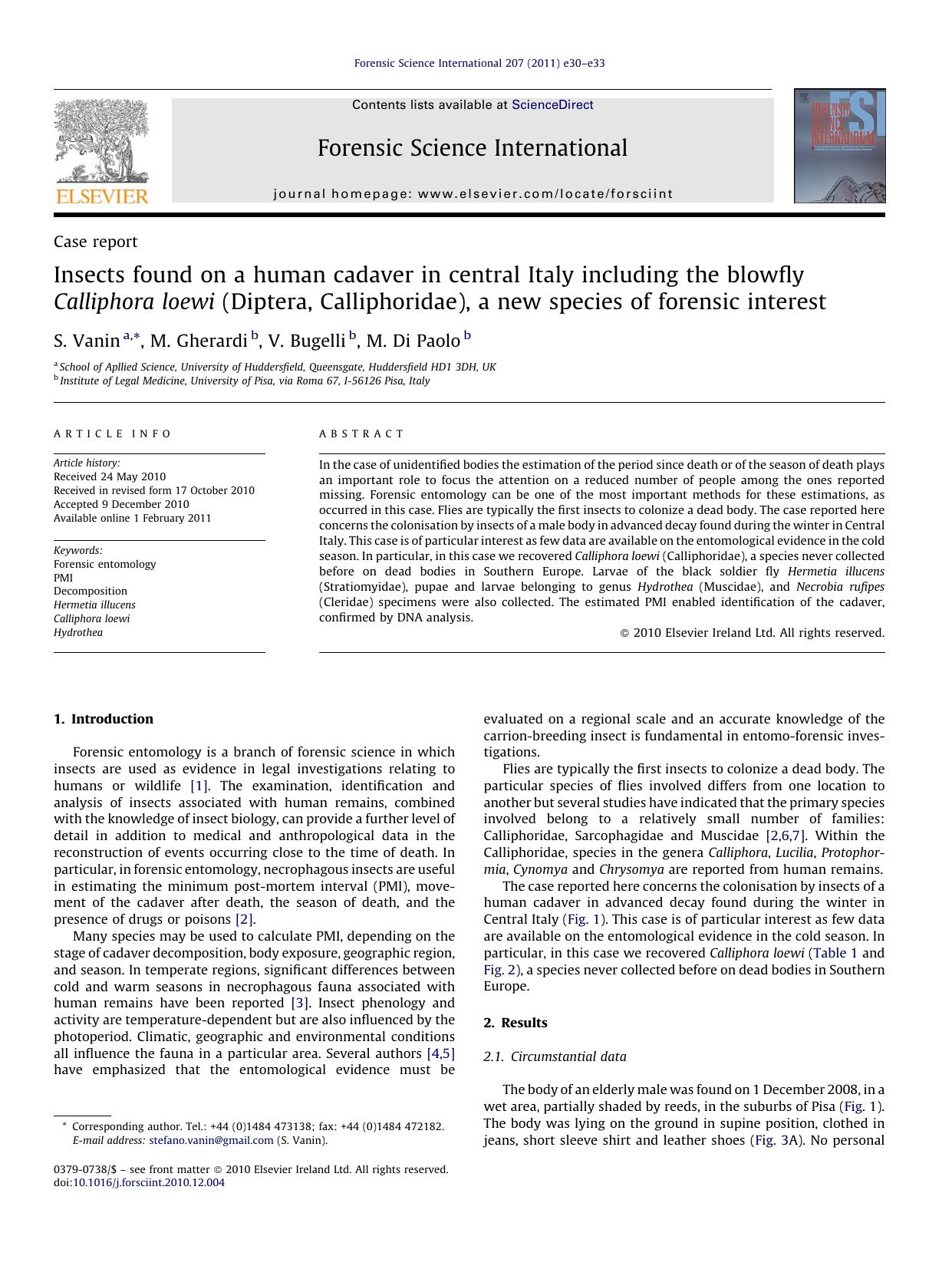 Insects found on a human cadaver in central Italy including the blowfly Calliphora loewi (Diptera, Calliphoridae), a new species of forensic interest by S. Vanin