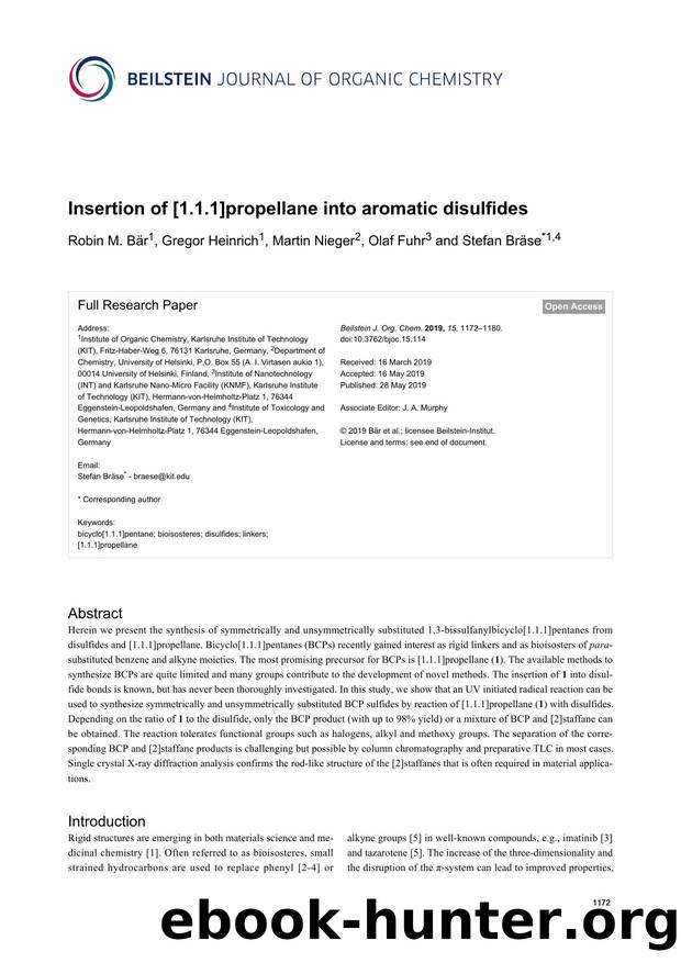 Insertion of [1.1.1]propellane into aromatic disulfides by Robin M. Bär Gregor Heinrich Martin Nieger Olaf Fuhr Stefan Bräse