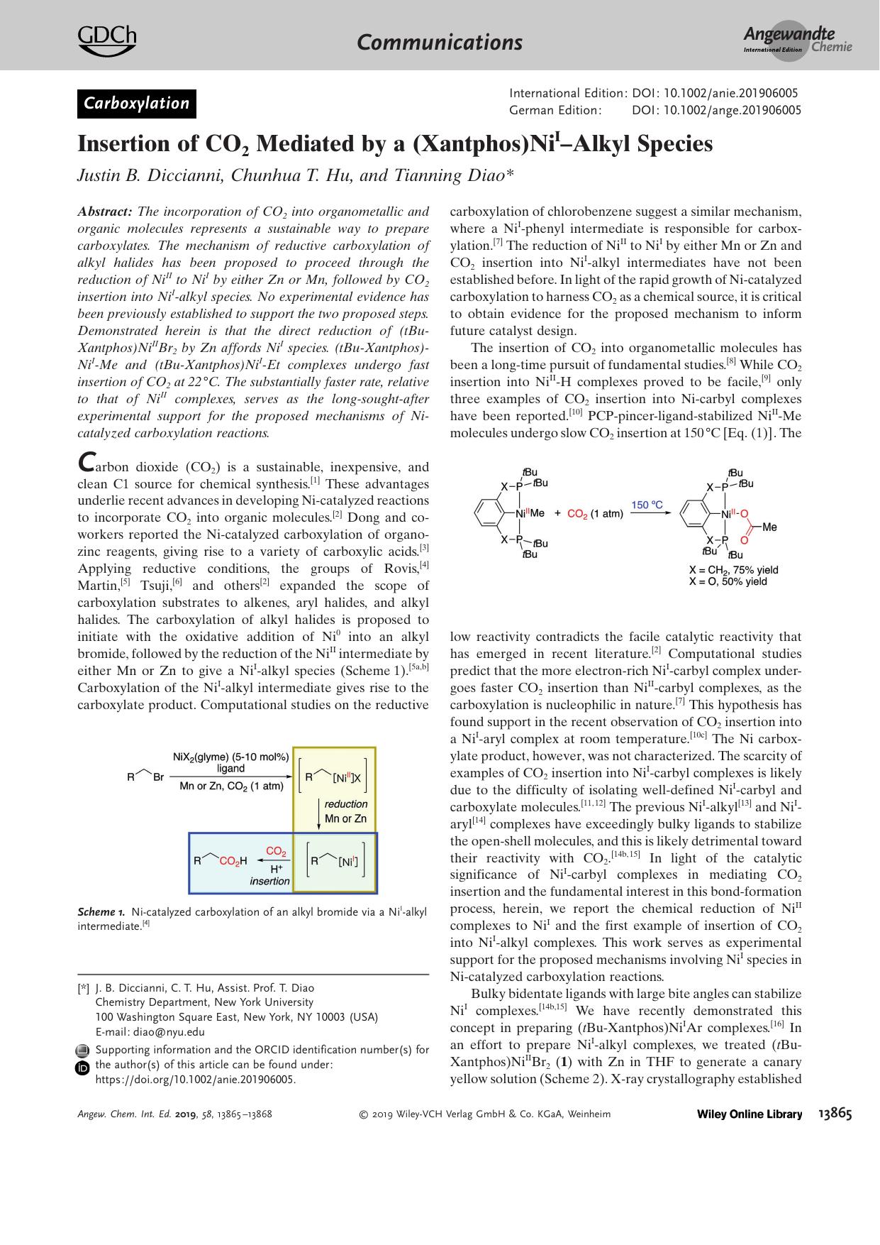 Insertion of CO2 Mediated by a (Xantphos)NiIâAlkyl Species by Unknown