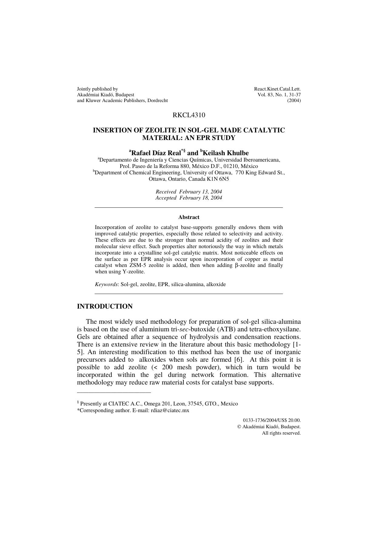 Insertion of zeolite in sol-gel made catalytic material: an EPR study by Unknown