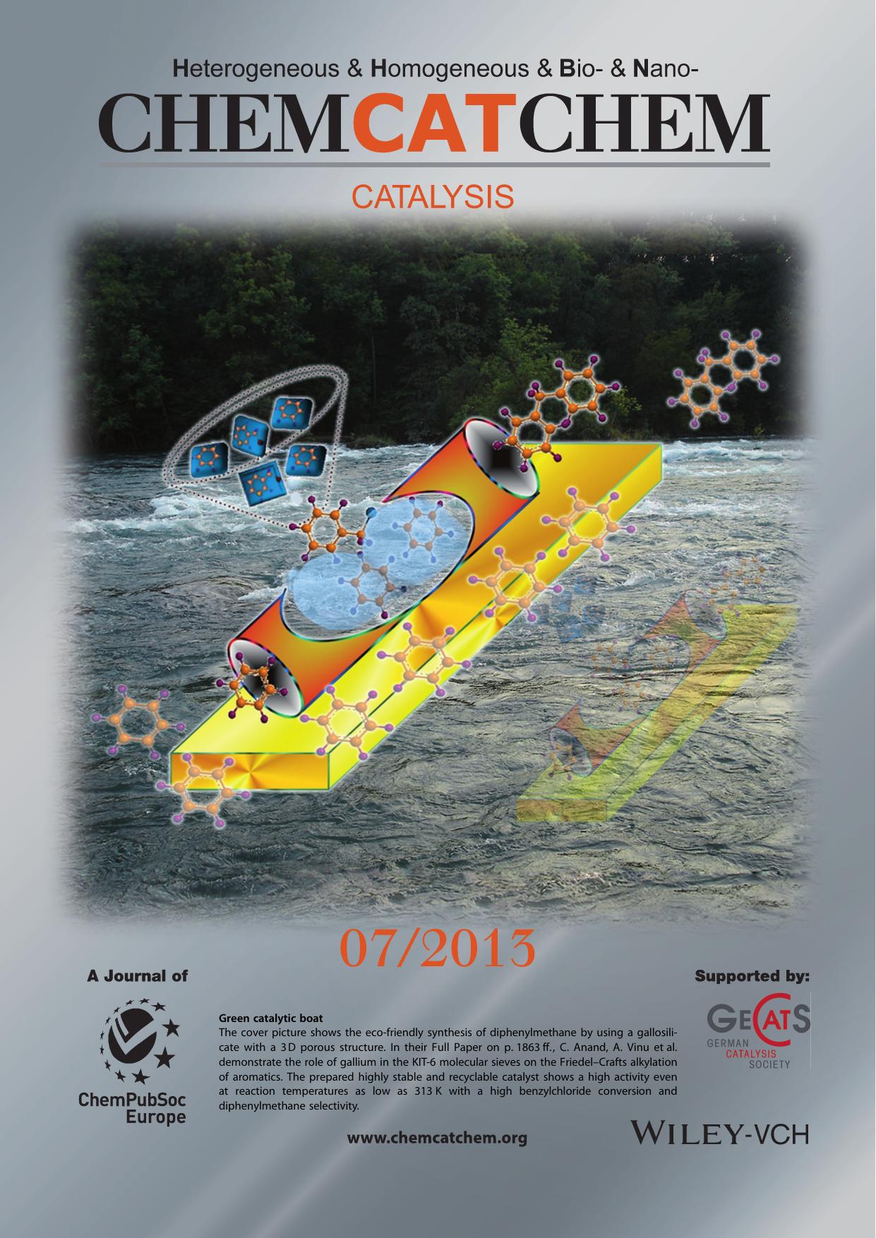 Inside Cover: Mesoporous Gallosilicate with 3D Architecture as a Robust EnergyEfficient Heterogeneous Catalyst for Diphenylmethane Production (ChemCatChem 72013) by Unknown