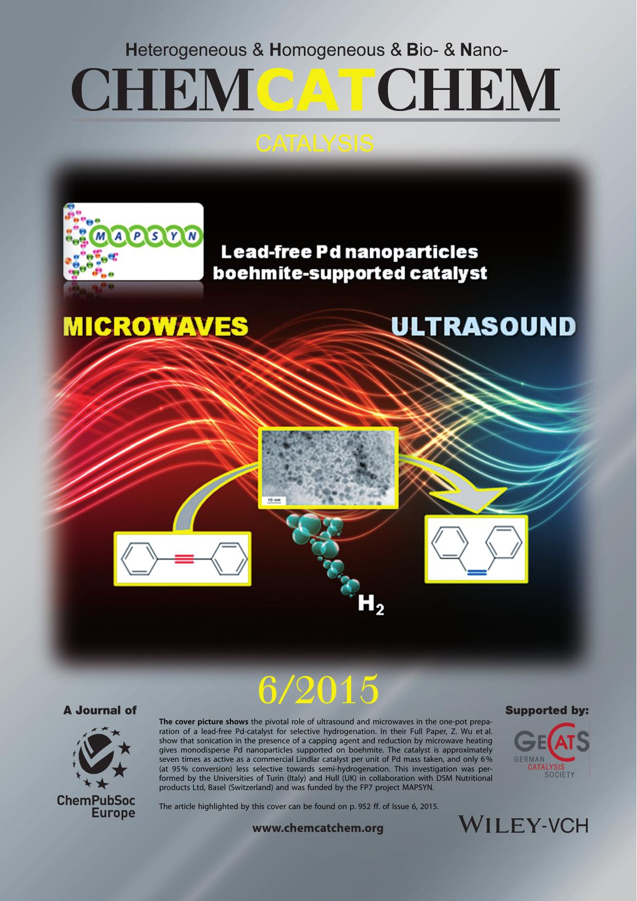 Inside Cover: Ultrasound and MicrowaveAssisted Preparation of LeadFree Palladium Catalysts: Effects on the Kinetics of Diphenylacetylene SemiHydrogenation (ChemCatChem 62015) by Unknown