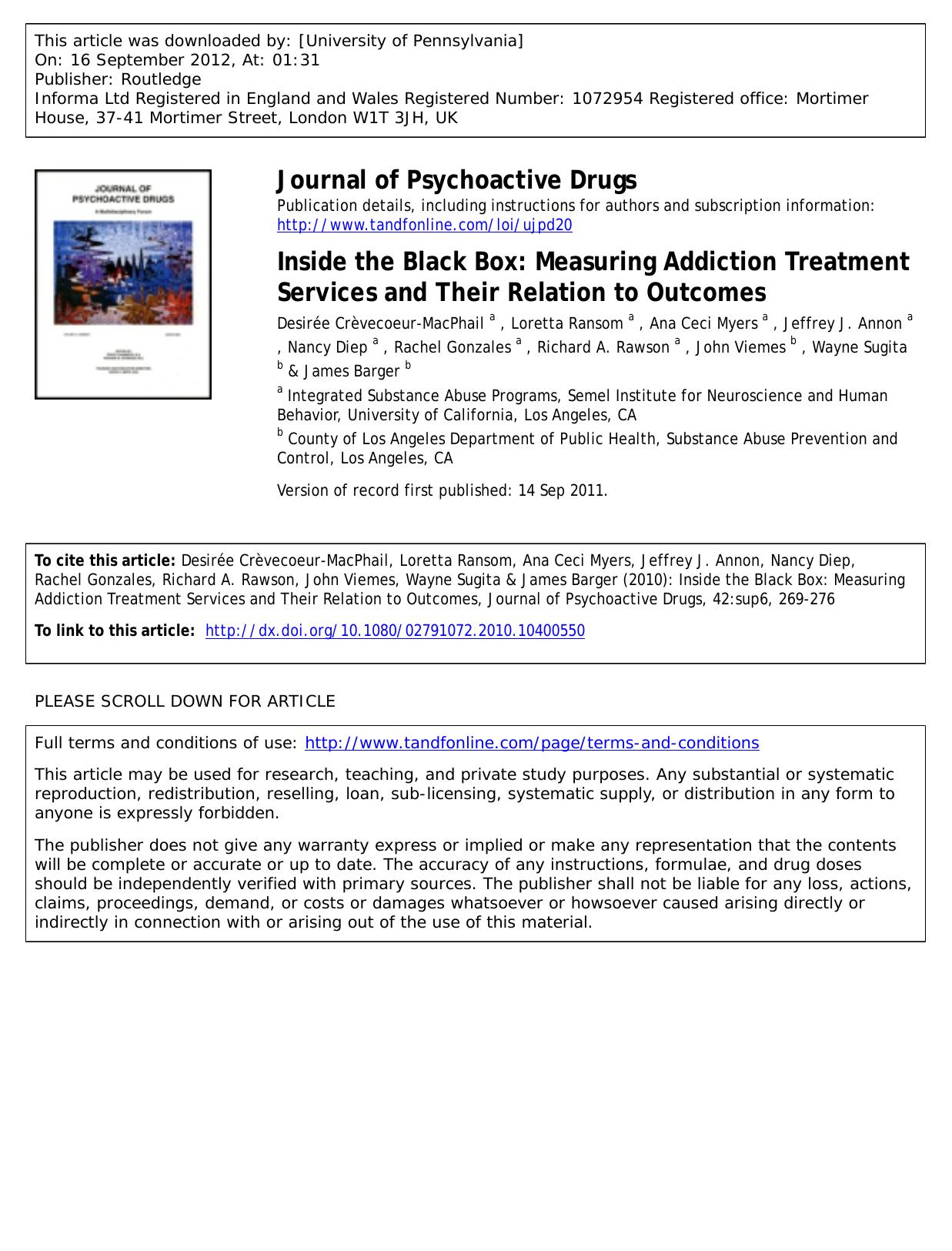 Inside the Black Box: Measuring Addiction Treatment Services and Their Relation to Outcomes by unknow