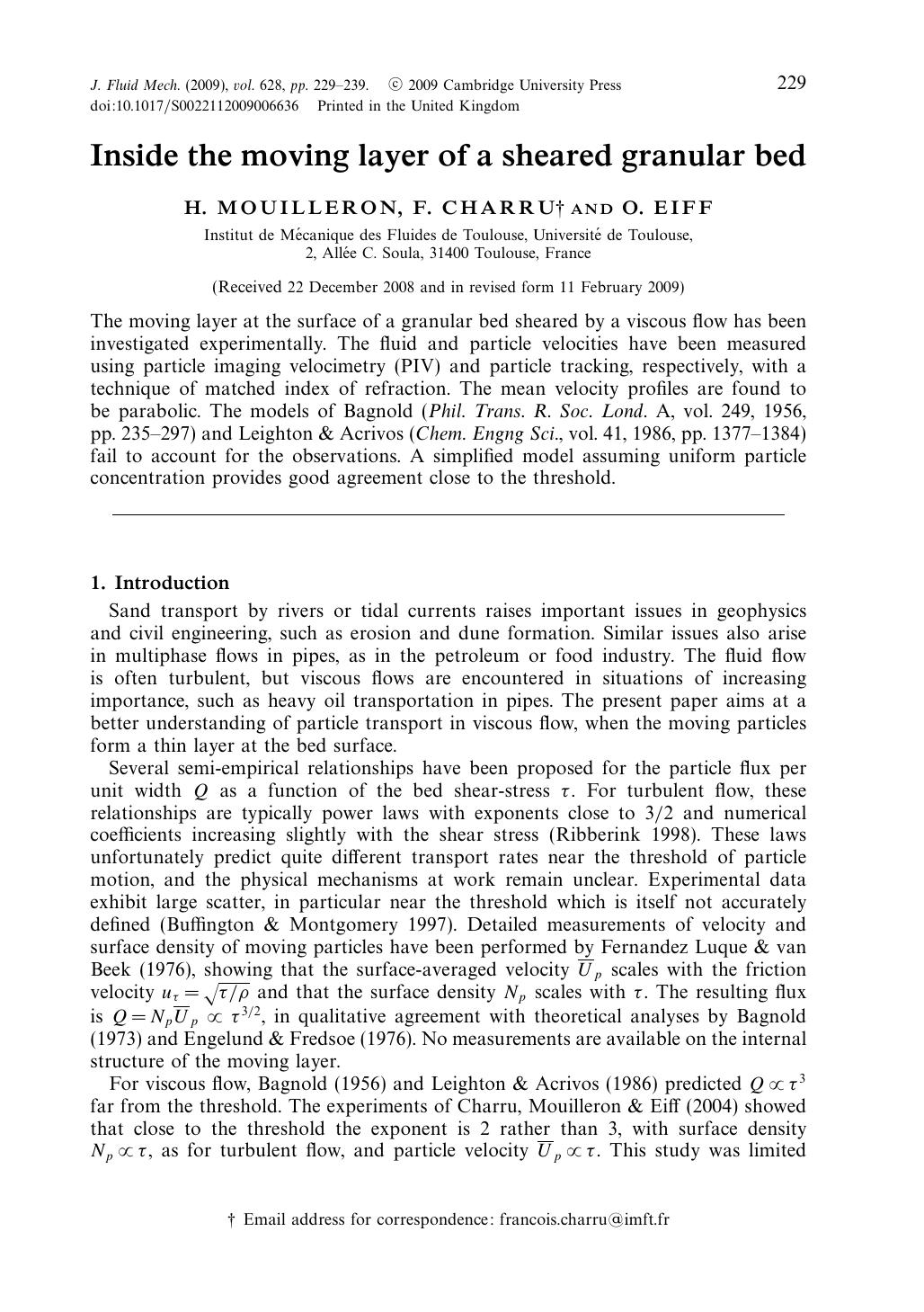 Inside the moving layer of a sheared granular bed by H. MOUILLERON F. CHARRU O. EIFF