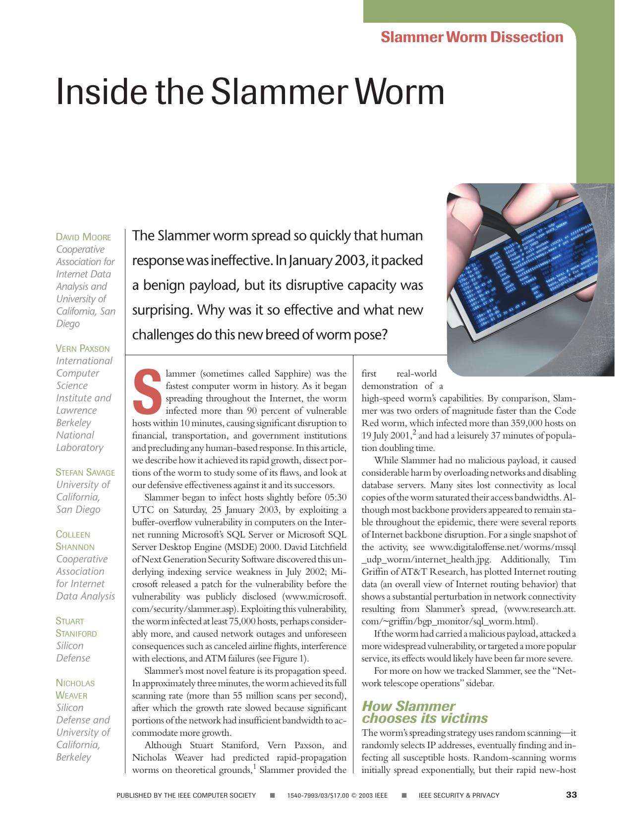 Inside the slammer worm - Security & Privacy Magazine, IEEE by Unknown