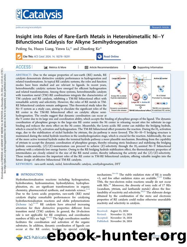 Insight into Roles of Rare-Earth Metals in Heterobimetallic NiâY Bifunctional Catalysis for Alkyne Semihydrogenation by Peifeng Su Huayu Liang Yinwu Li & Zhuofeng Ke