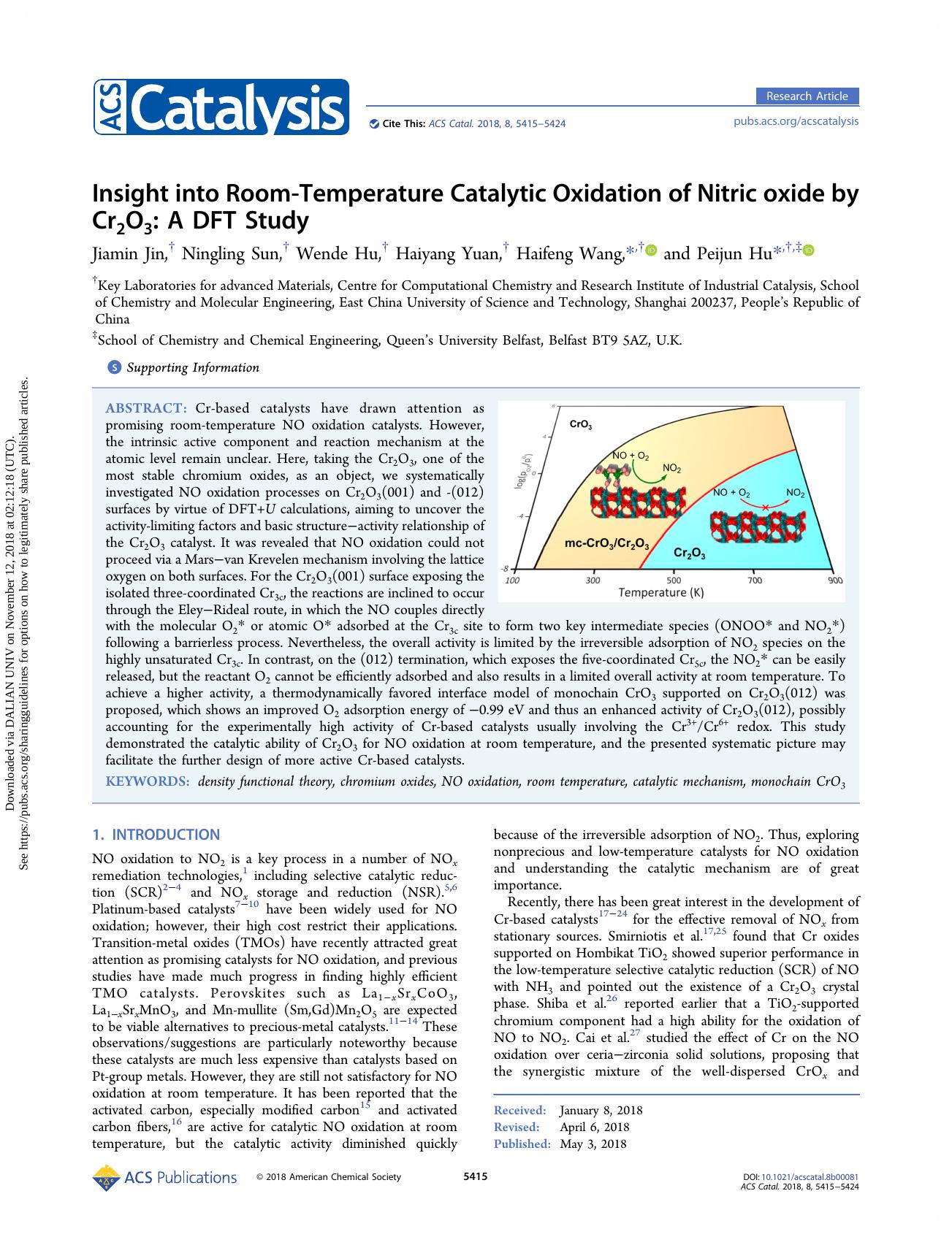 Insight into Room-Temperature Catalytic Oxidation of Nitric oxide by Cr2O3: A DFT Study by Jiamin Jin & Ningling Sun & Wende Hu & Haiyang Yuan & Haifeng Wang & Peijun Hu